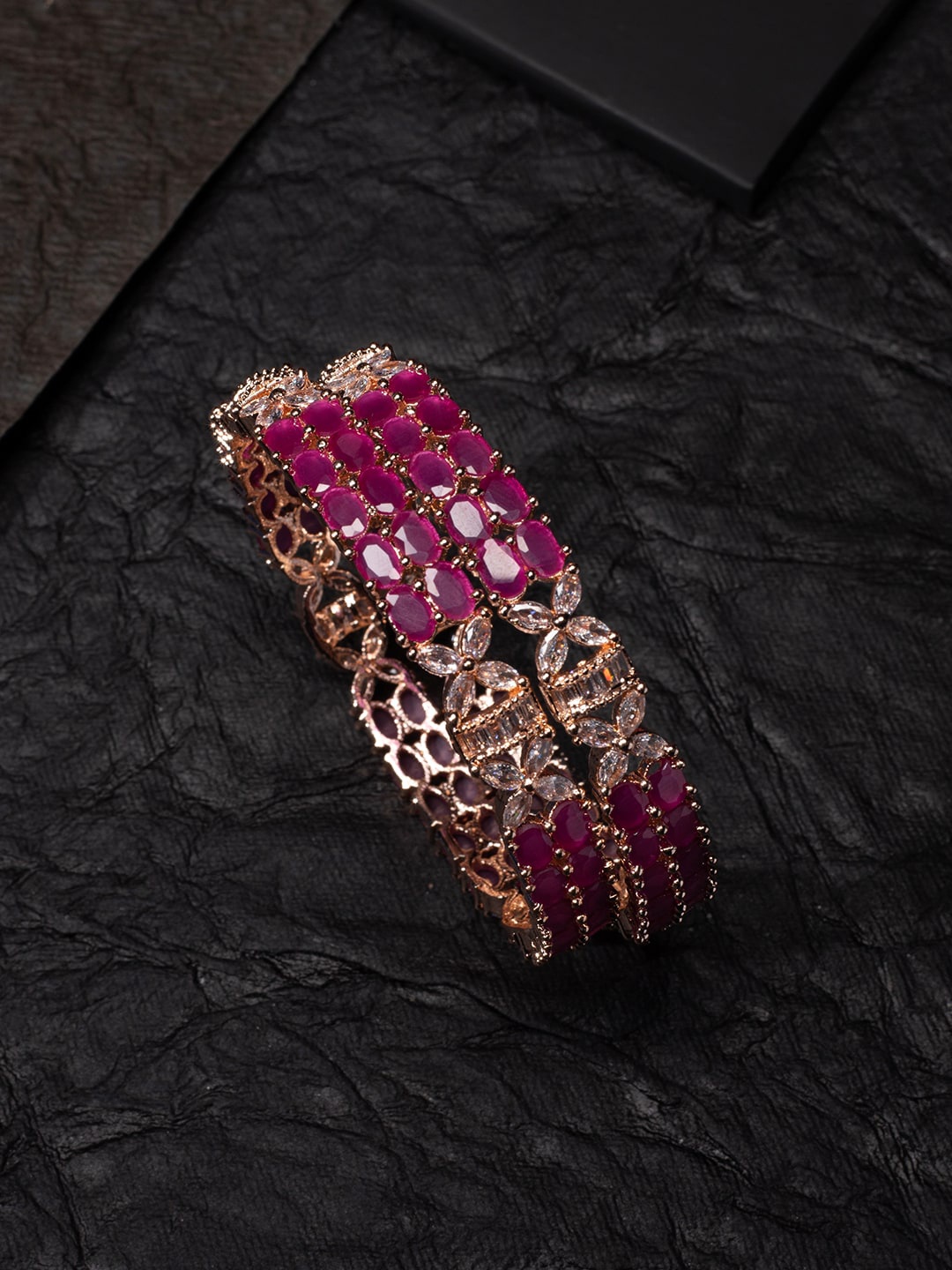

justpeachy Pink & White Set of 2 Rose Gold Plated American Diamond Stone Studded Bangle