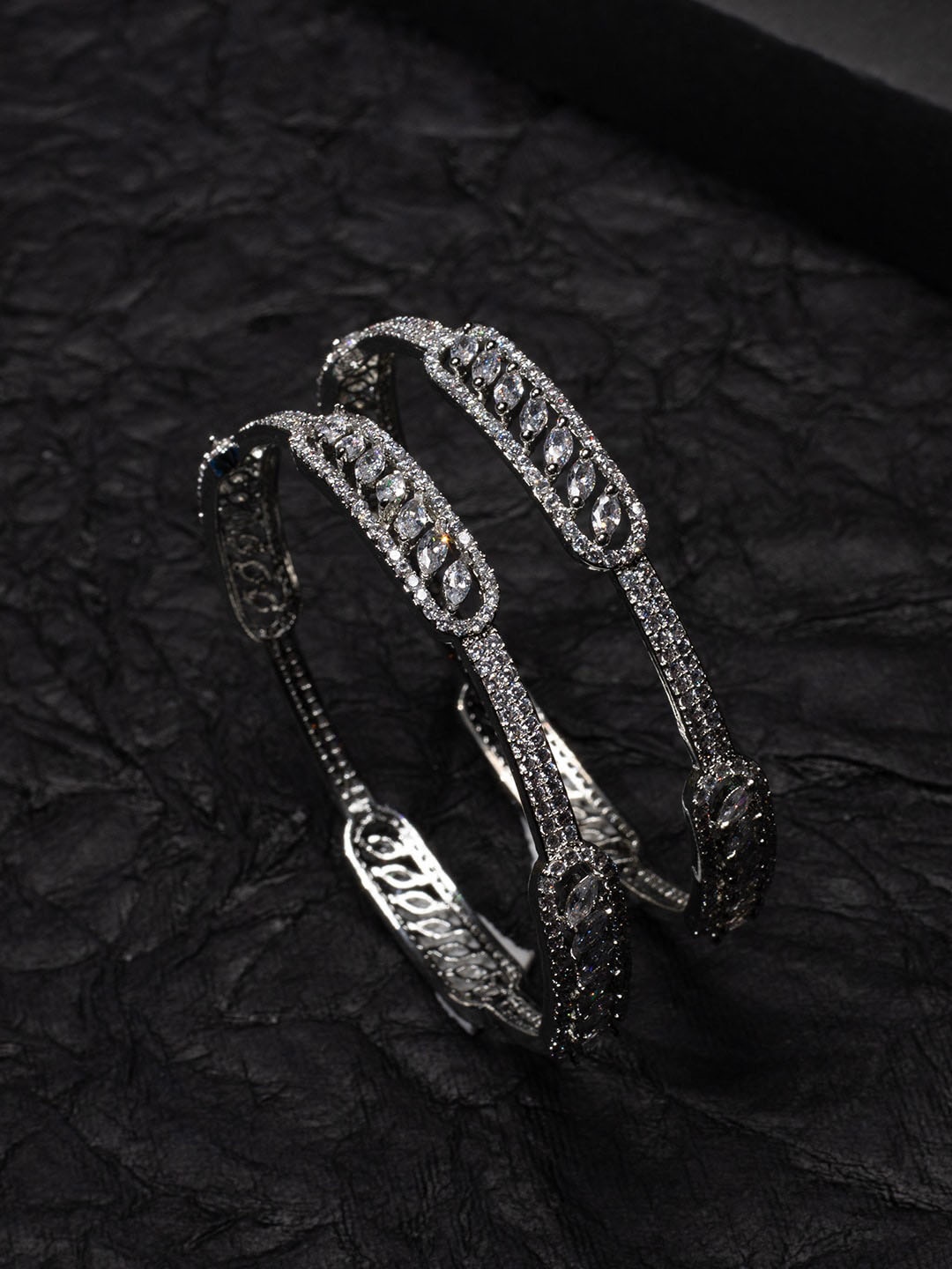 

justpeachy White Set Of 2 Rhodium-Plated AD Studded Bangles, Silver