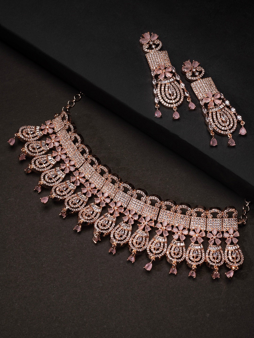 

justpeachy Rose Gold-Plated Pink American Diamond Stone Studded Jewellery Set