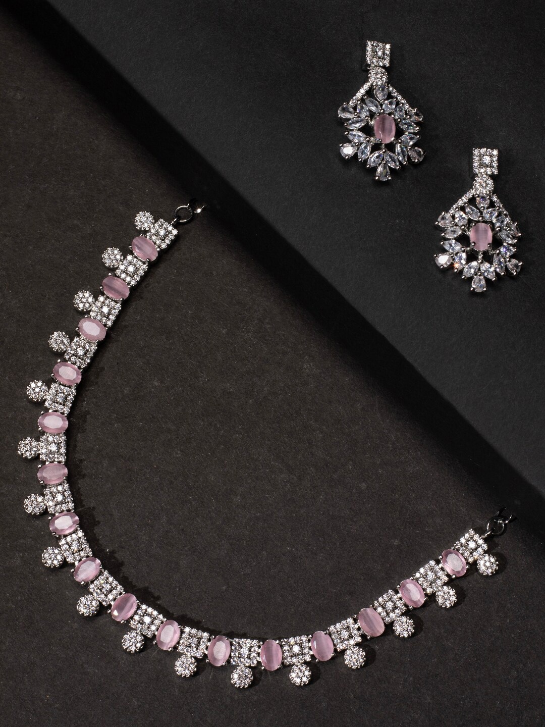 

justpeachy Silver-Toned Rhodium-Plated White & Pink AD Stone-Studded Jewellery Set