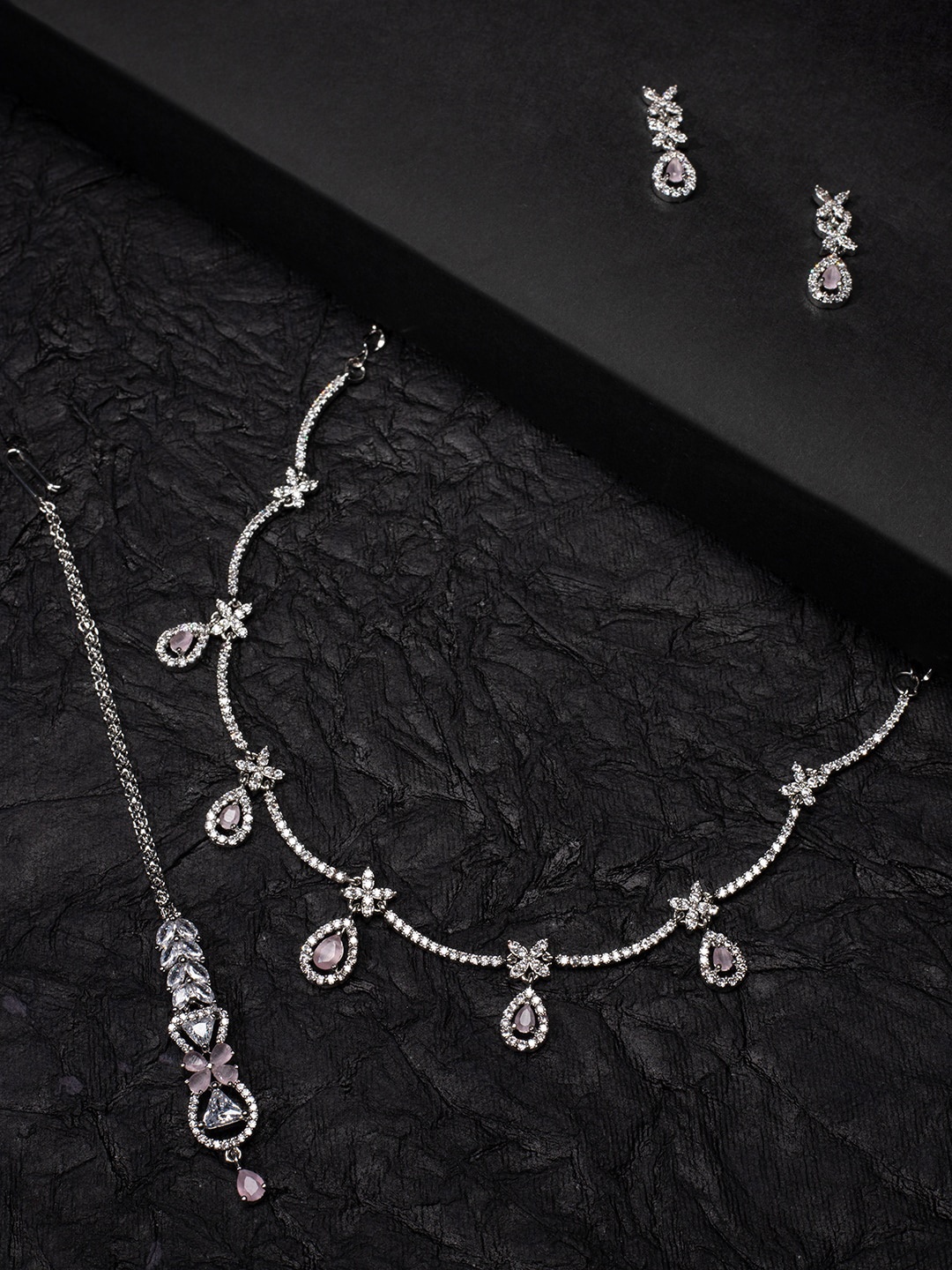 

justpeachy Rhodium Plated Pink & Silver American Diamond Studded Jewellery Set