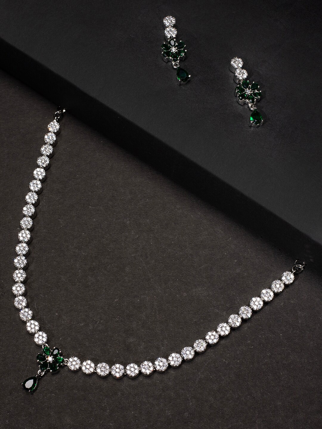 

justpeachy Rhodium-Plated Green & White AD-Studded Jewellery Set, Silver