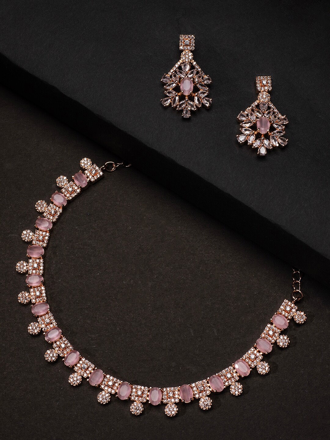 

justpeachy Rose Gold-Plated Pink AD Studded Jewellery Set