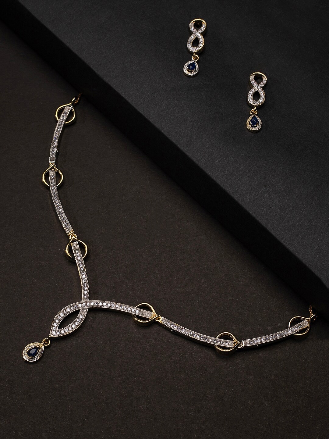 

justpeachy Gold-Plated Blue AD-Studded & Beaded Jewellery Set