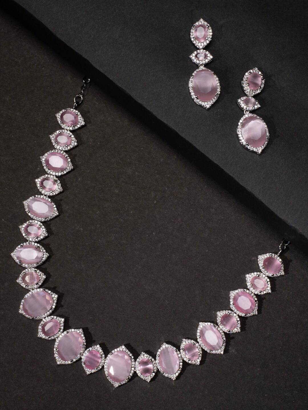 

justpeachy Rhodium-Plated Pink American Diamond Stone-StuddedJewellery Set