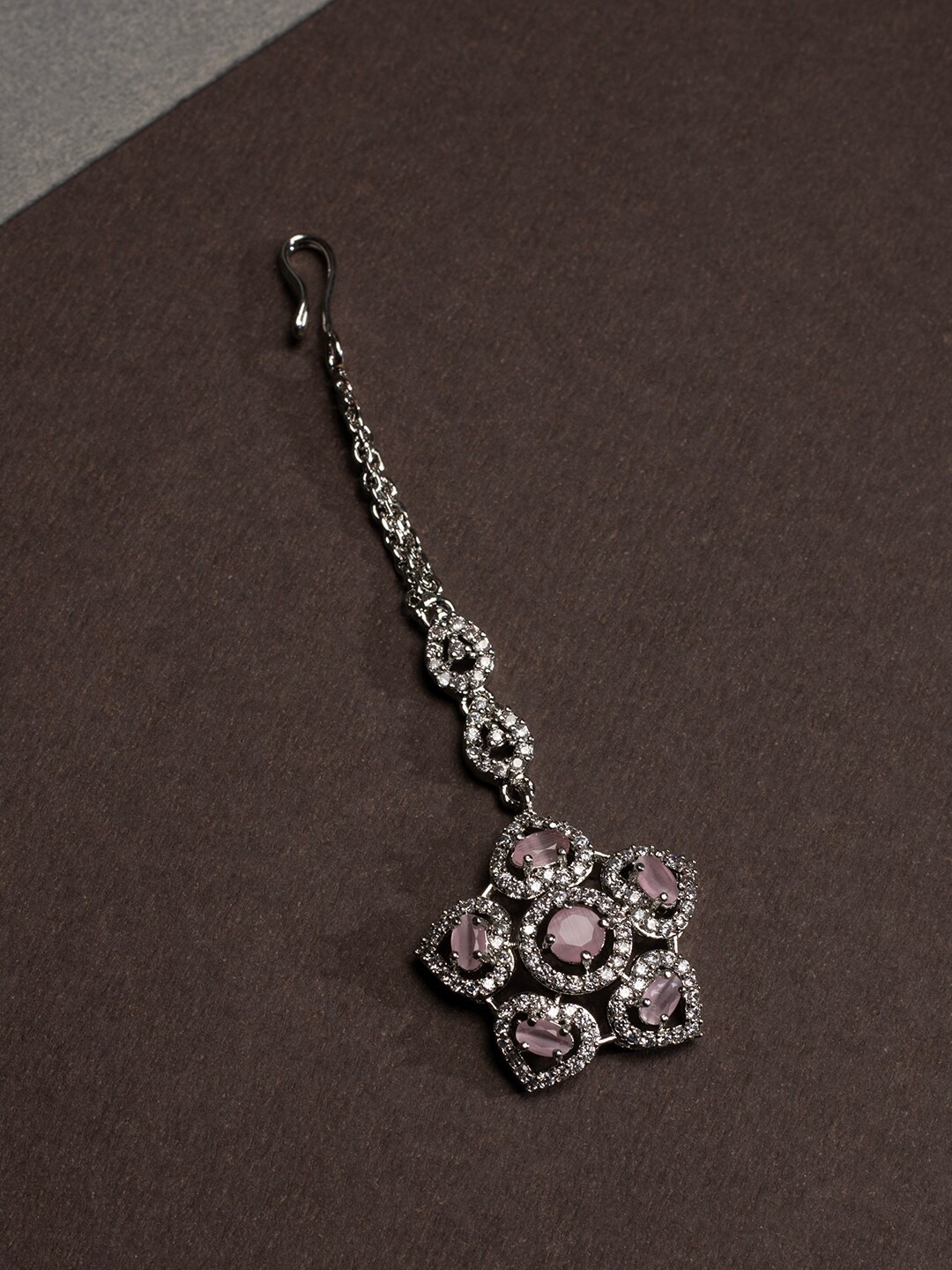 

justpeachy Rhodium-Plated Pink AD Stones Studded Maang Tikka