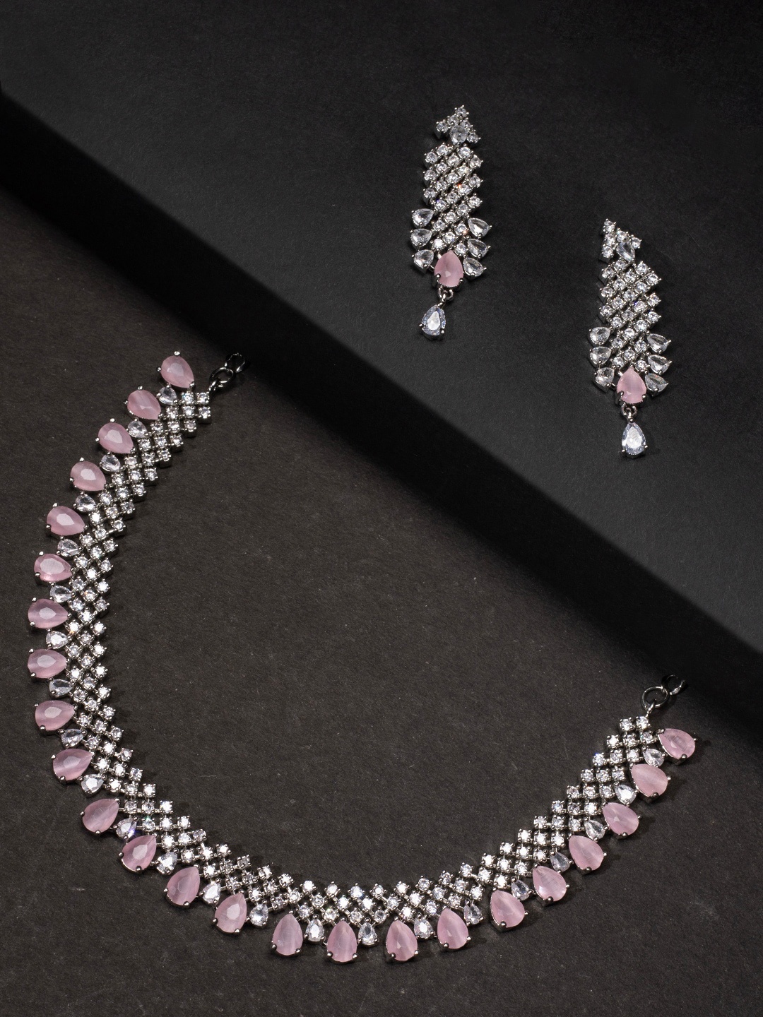 

justpeachy Silver-Toned Rhodium-Plated White & Pink AD Stone-Studded Jewellery Set