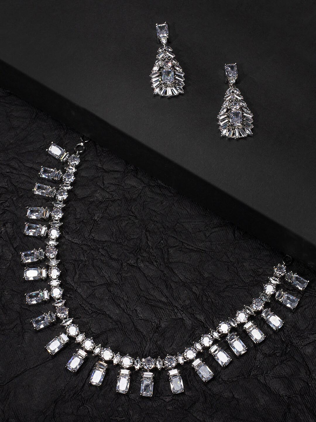 

justpeachy Rhodium-Plated & White AD Studded Jewellery Set, Silver