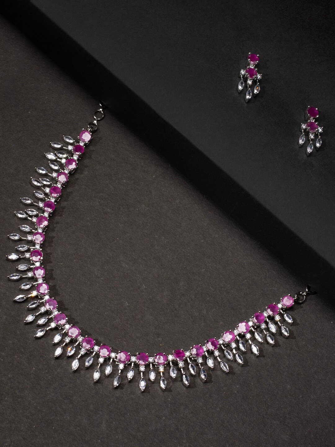 

justpeachy Rhodium-Plated Pink AD-Studded & Beaded Jewellery Set, Silver