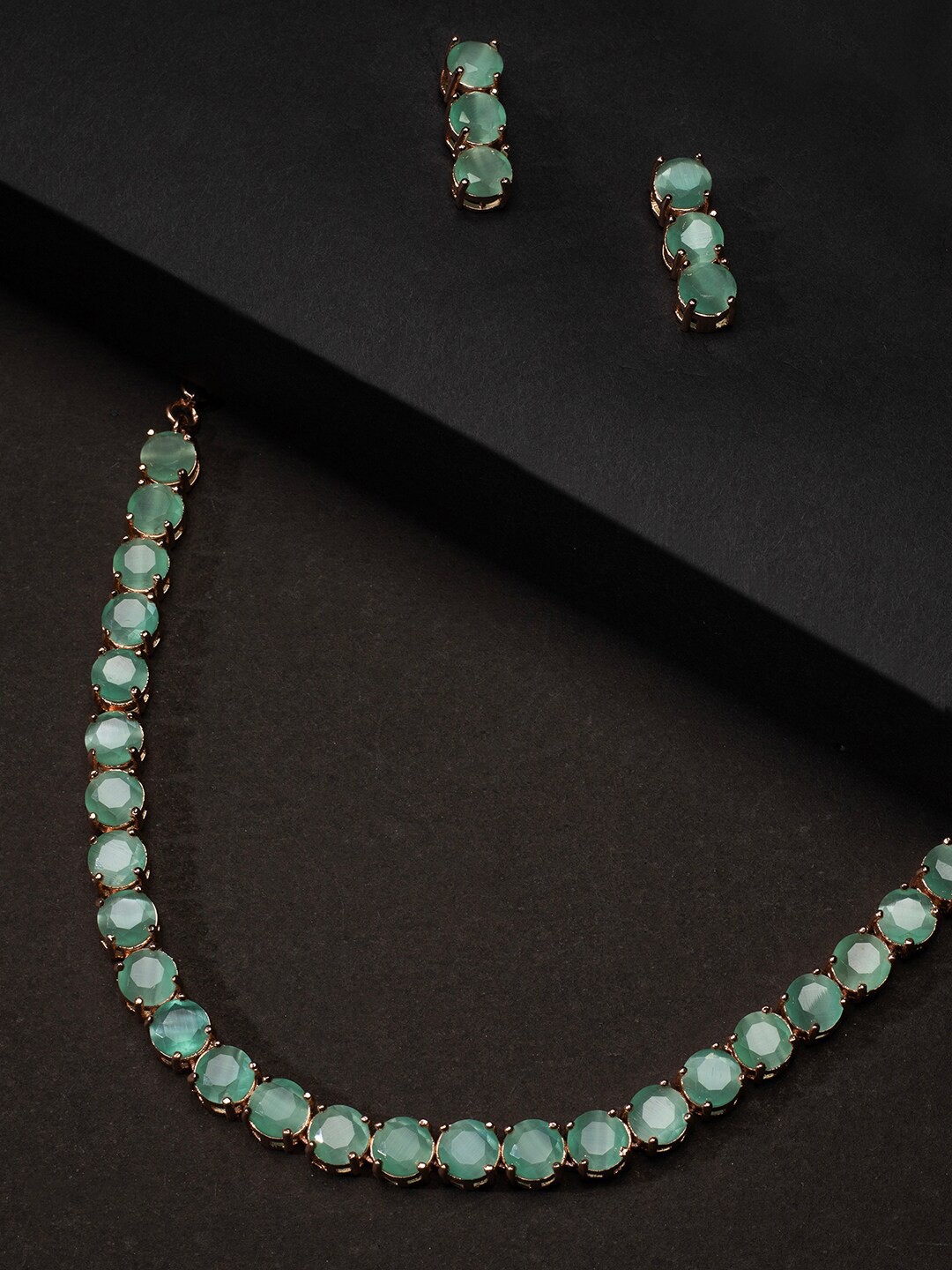 

justpeachy Rose Gold-Plated & Sea Green AD Studded Jewellery Set