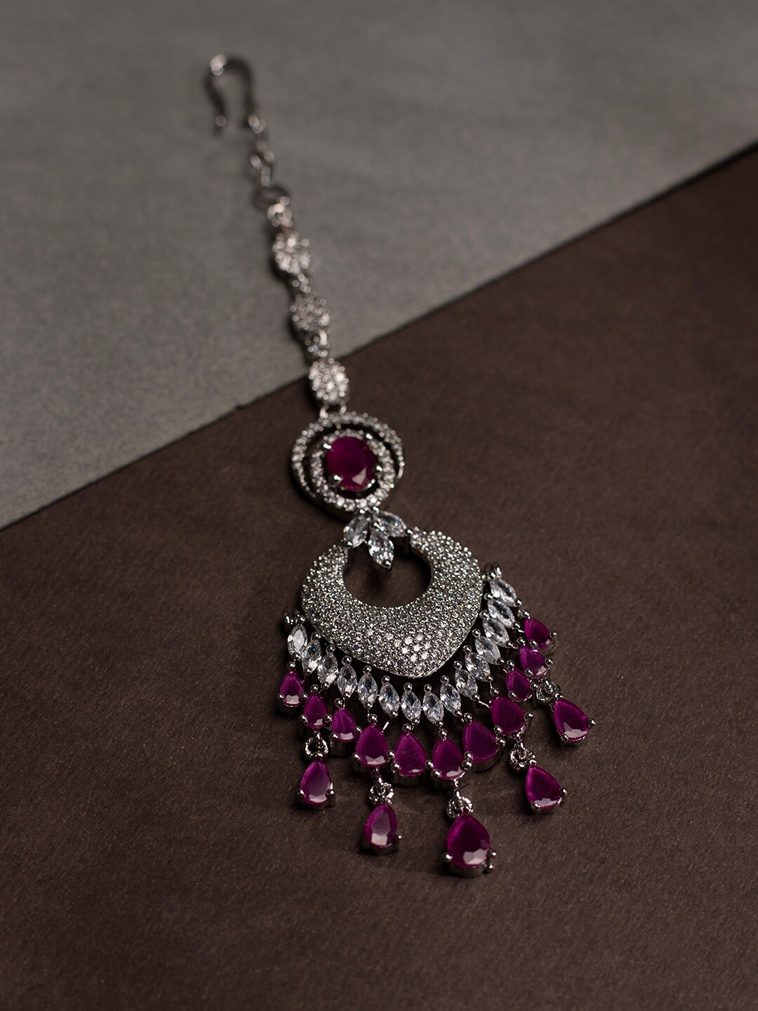 

justpeachy Rhodium-Plated Pink AD-Studded Maang Tikka