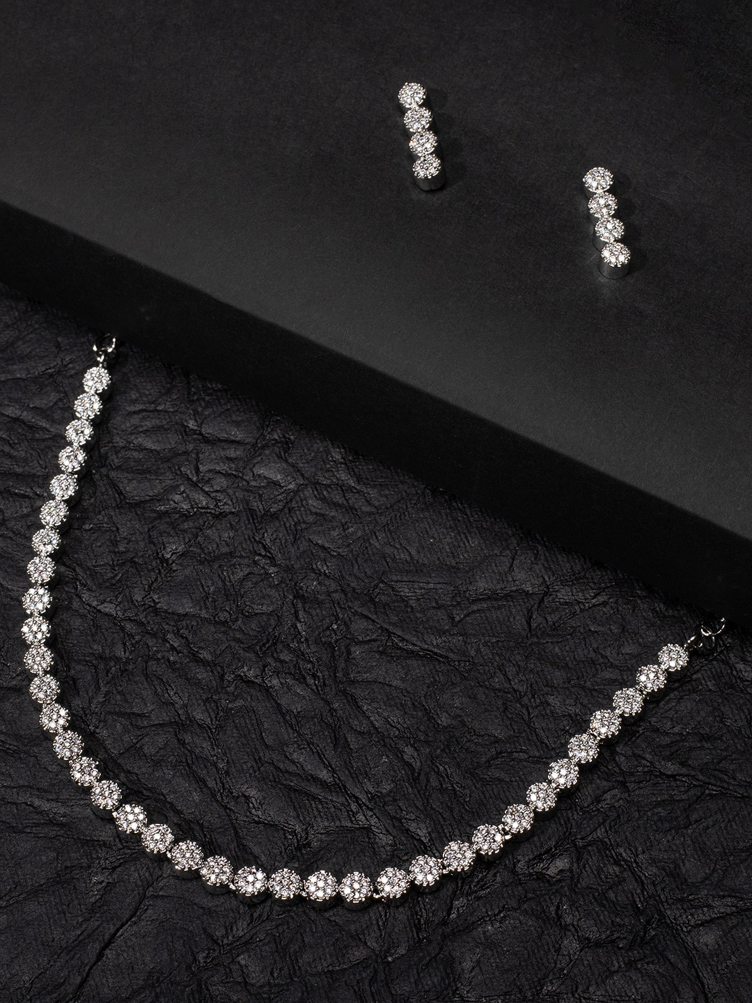 

justpeachy Silver-Toned Rhodium-Plated & White AD Stone-Studded Jewellery Set