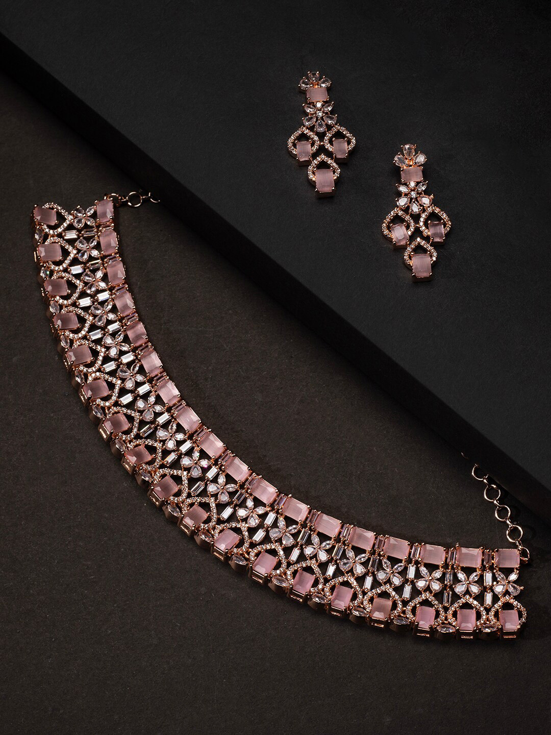 

justpeachy Rose Gold Plated White & Pink American Diamond Studded Jewellery Set