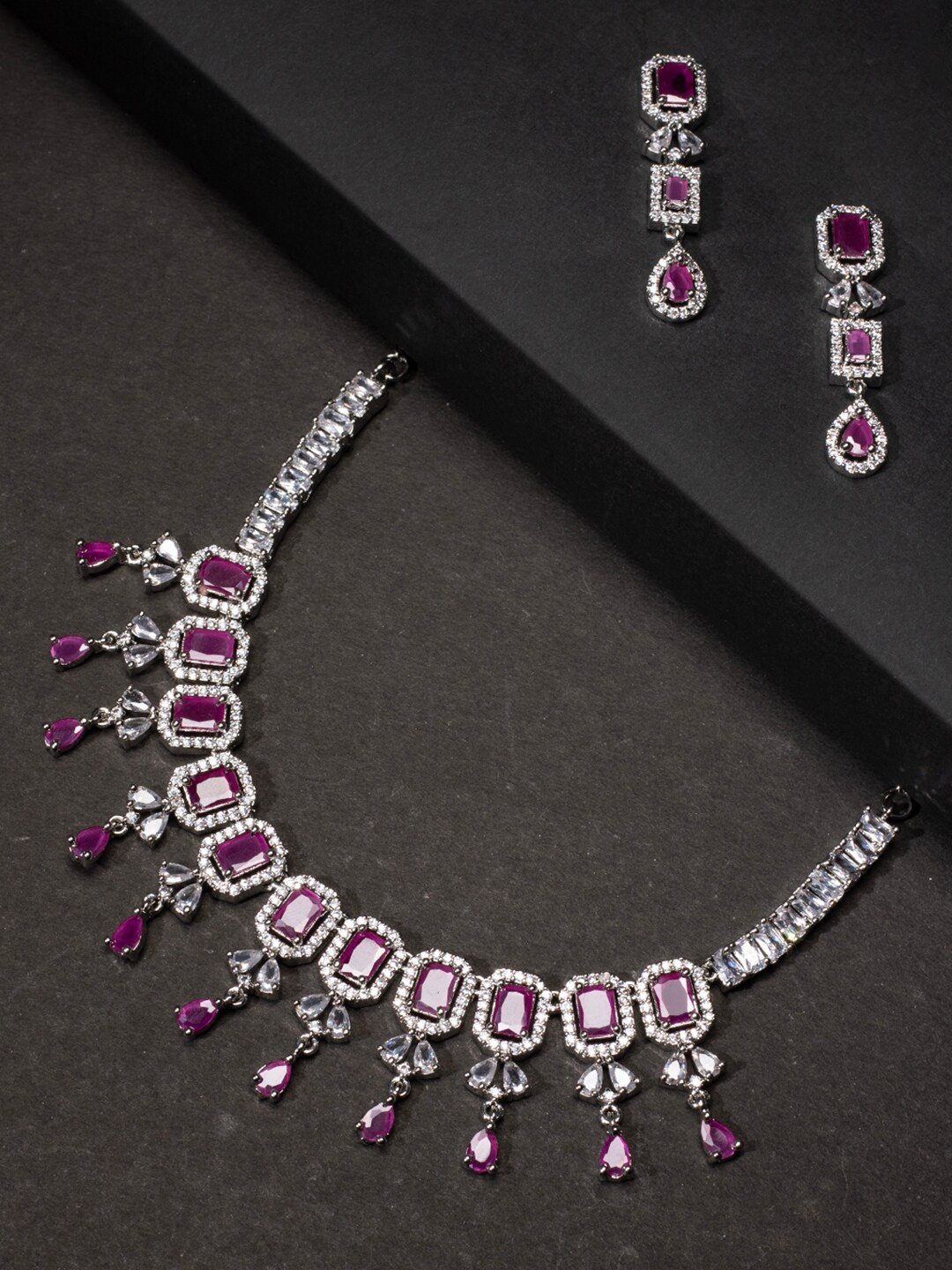 

justpeachy Rhodium-Plated Pink American Diamond Stone-Studded Jewellery Set