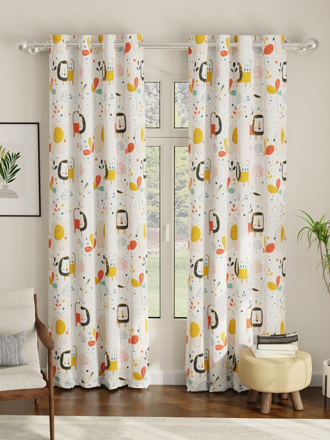 

URBAN SPACE White & Yellow Quirky Black Out Window Curtain