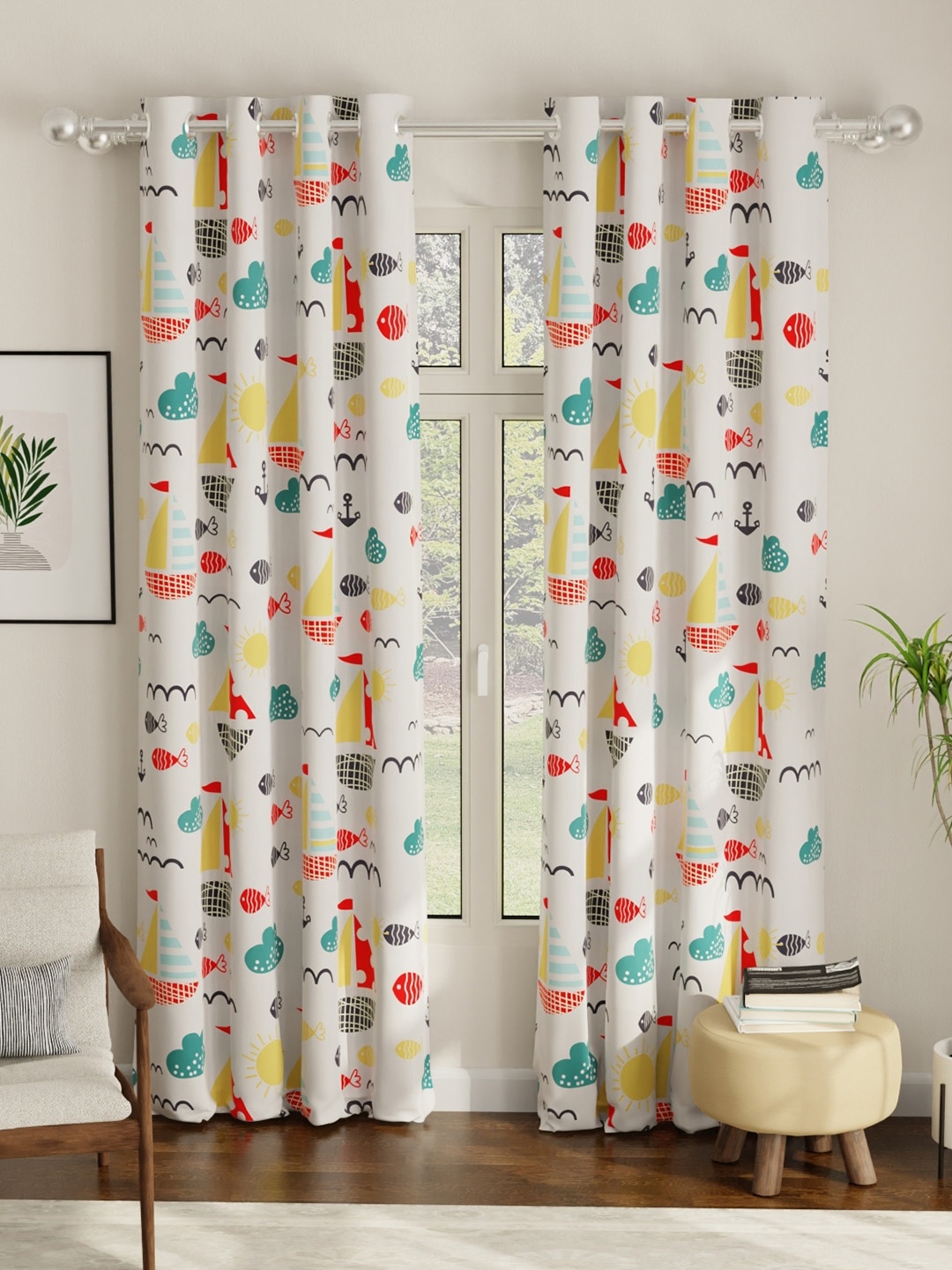 

URBAN SPACE White & Yellow Set of 2 Quirky Black Out Long Door Curtain