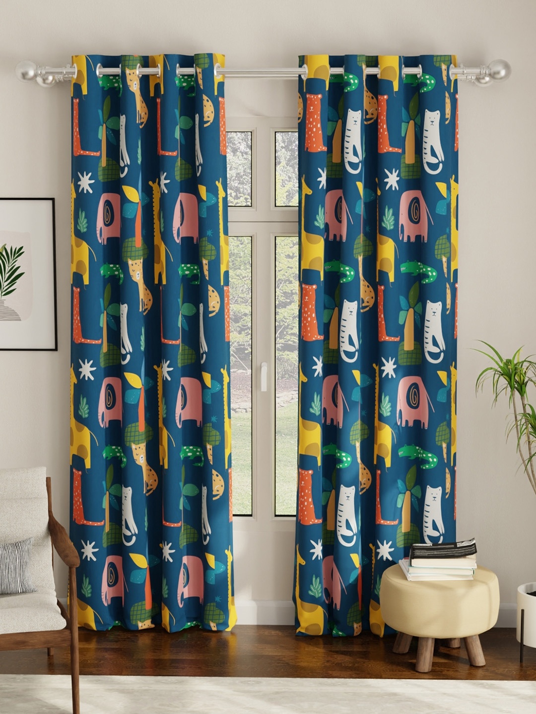 

URBAN SPACE Navy Blue & Yellow Quirky Black Out Window Curtains