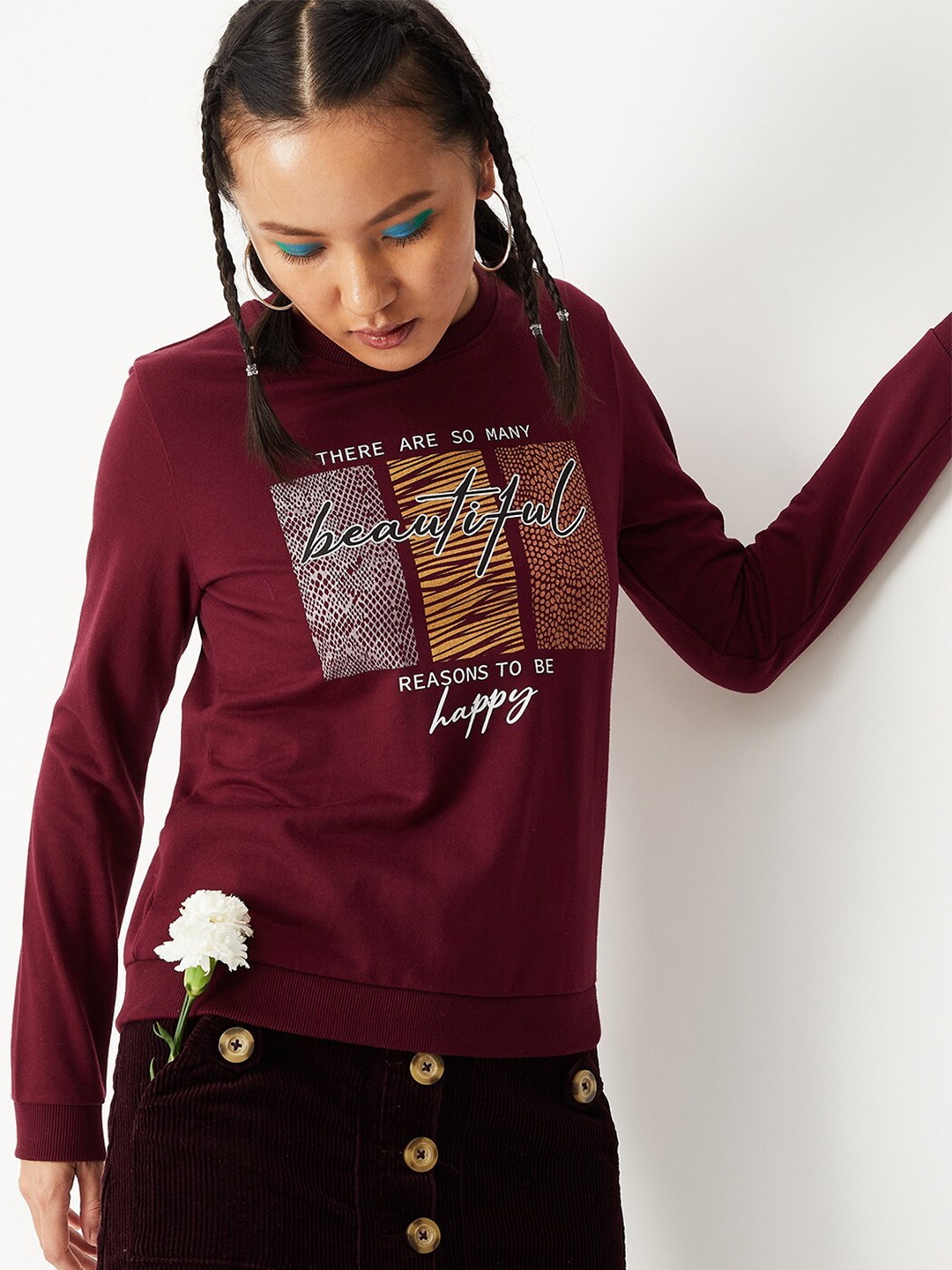 

max Women Maroon Printed Cotton Sweatshirt