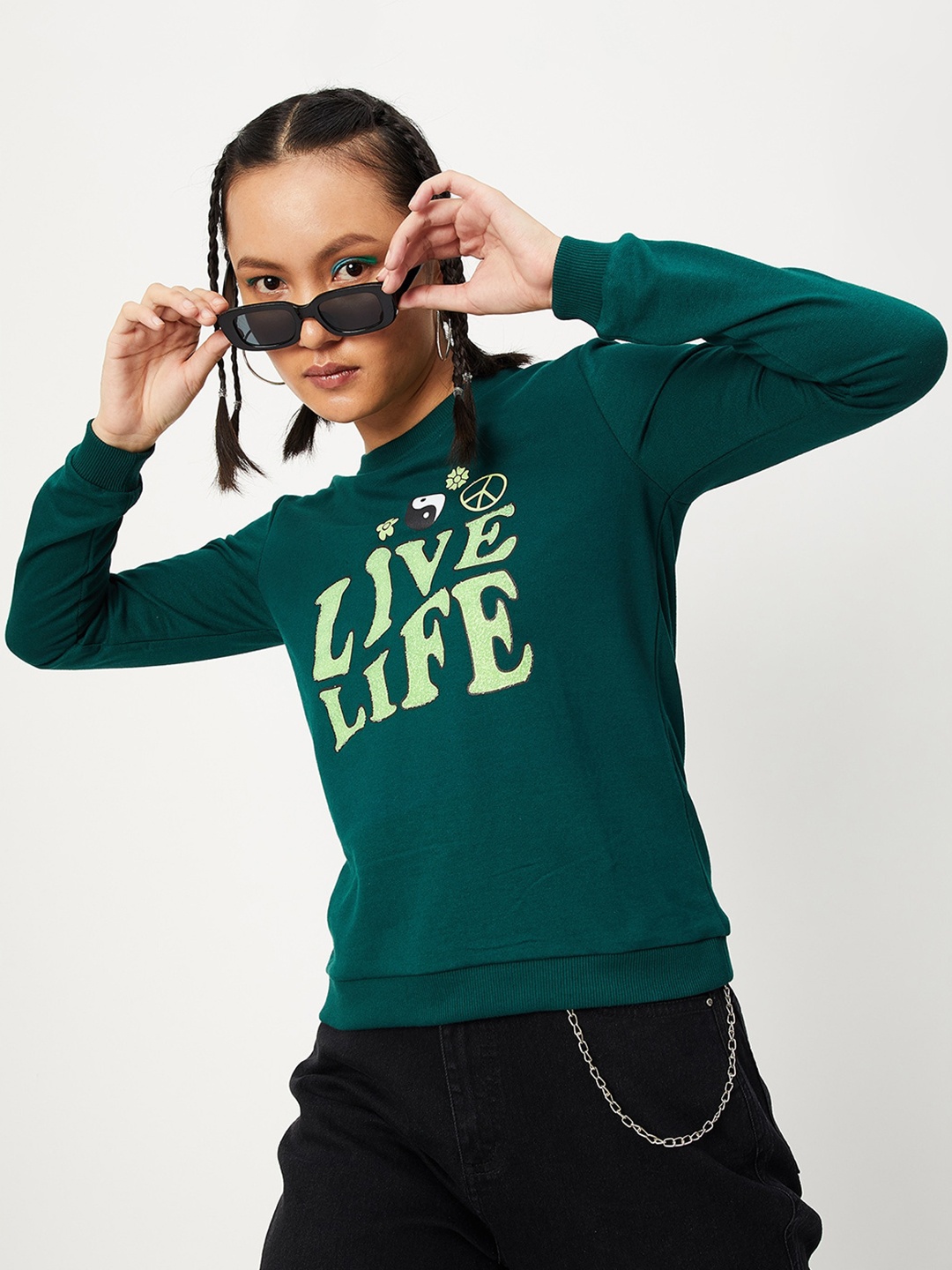 

max Women Sea Green Printed Cotton Sweatshirt