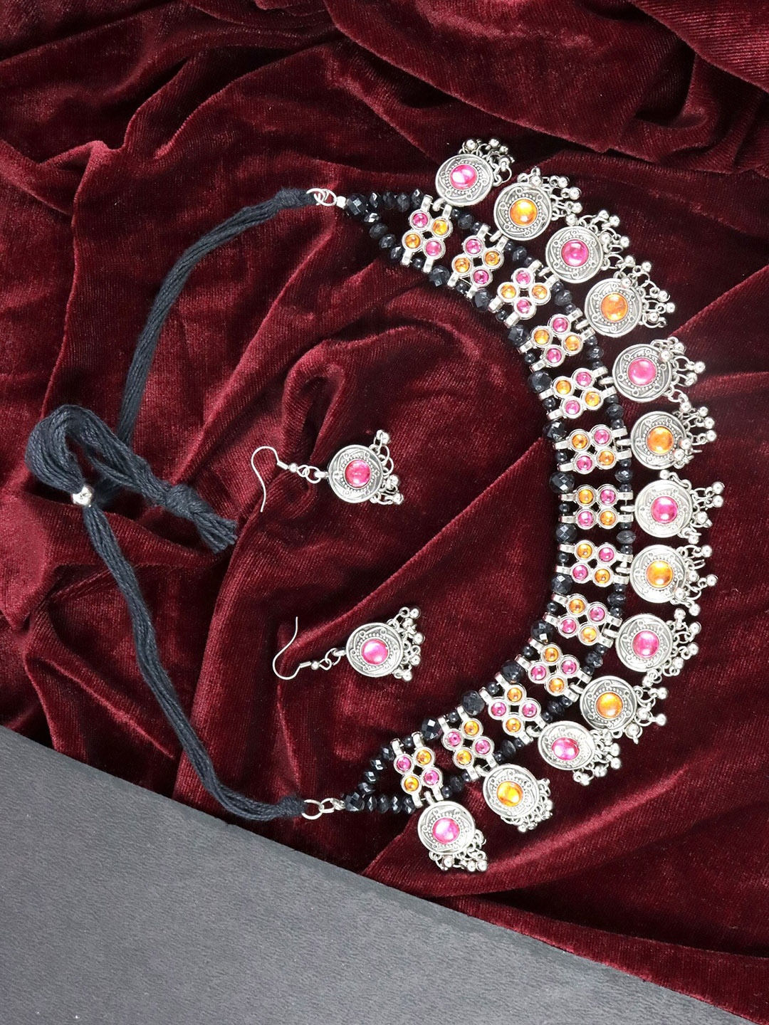 

Krelin Women Oxidised Silver-Plated Pink & Yellow Kundan Studded Jewellery Set