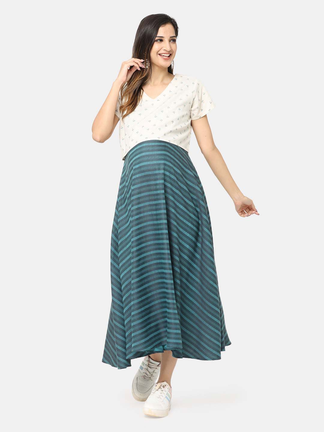 

CHARISMOMIC Teal Striped Maternity Maxi Dress