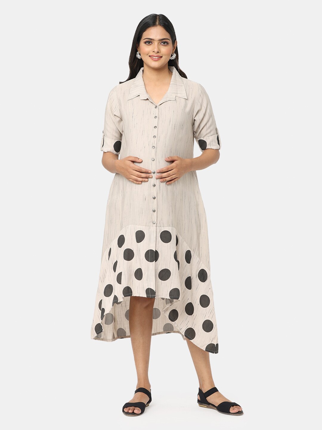 

CHARISMOMIC Cream Polka Dots Printed Shirt Midi Dress