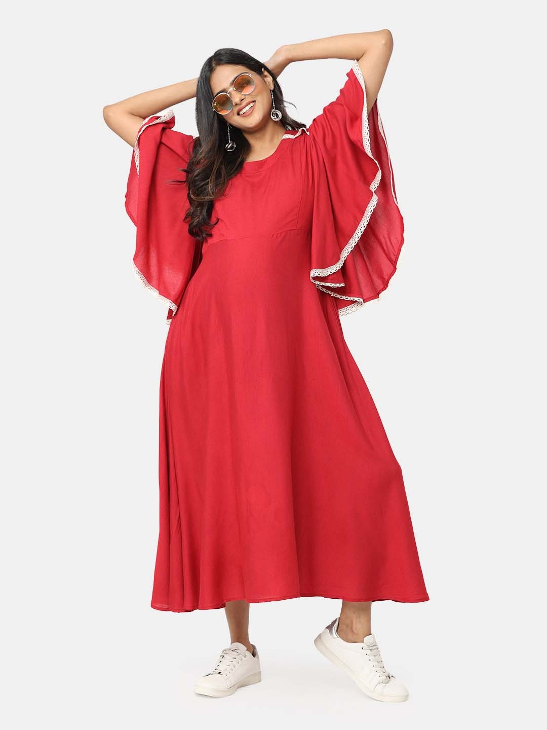 

CHARISMOMIC Red Flared Sleeves A-Line Midi Dress