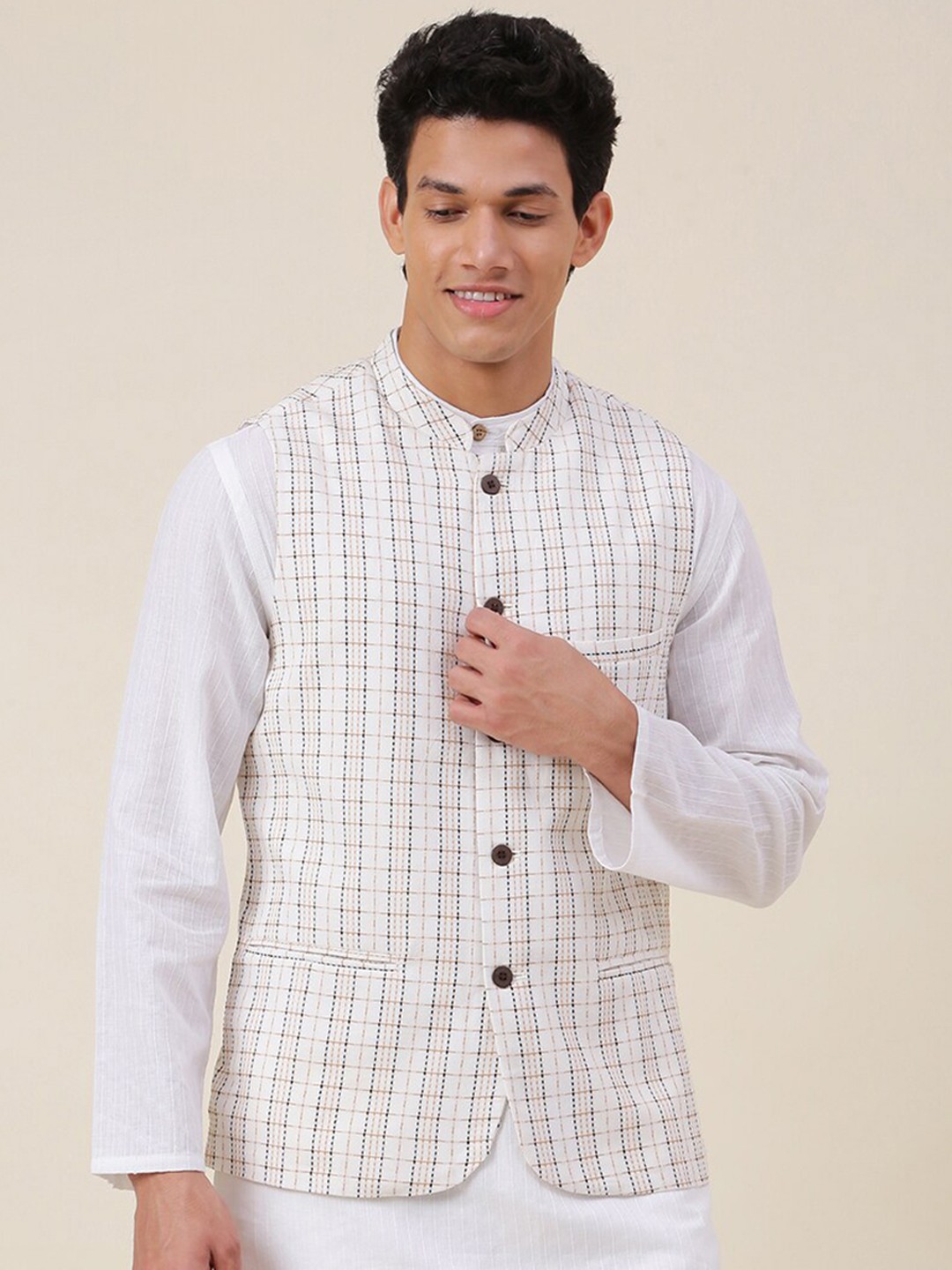 

Fabindia Off-White Checked Pure Cotton Nehru Jackets