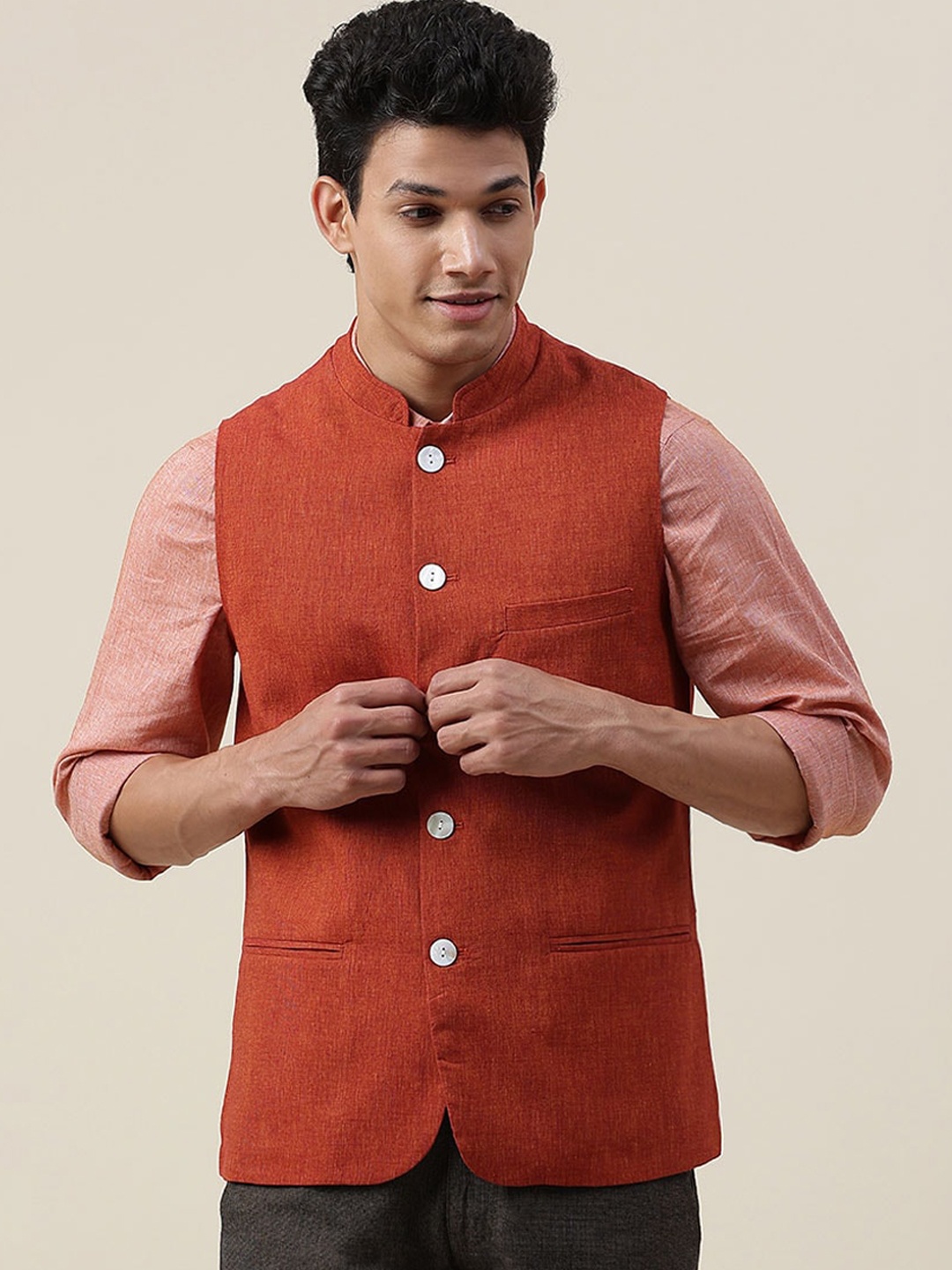 

Fabindia Men Red Woven Design Nehru Jackets