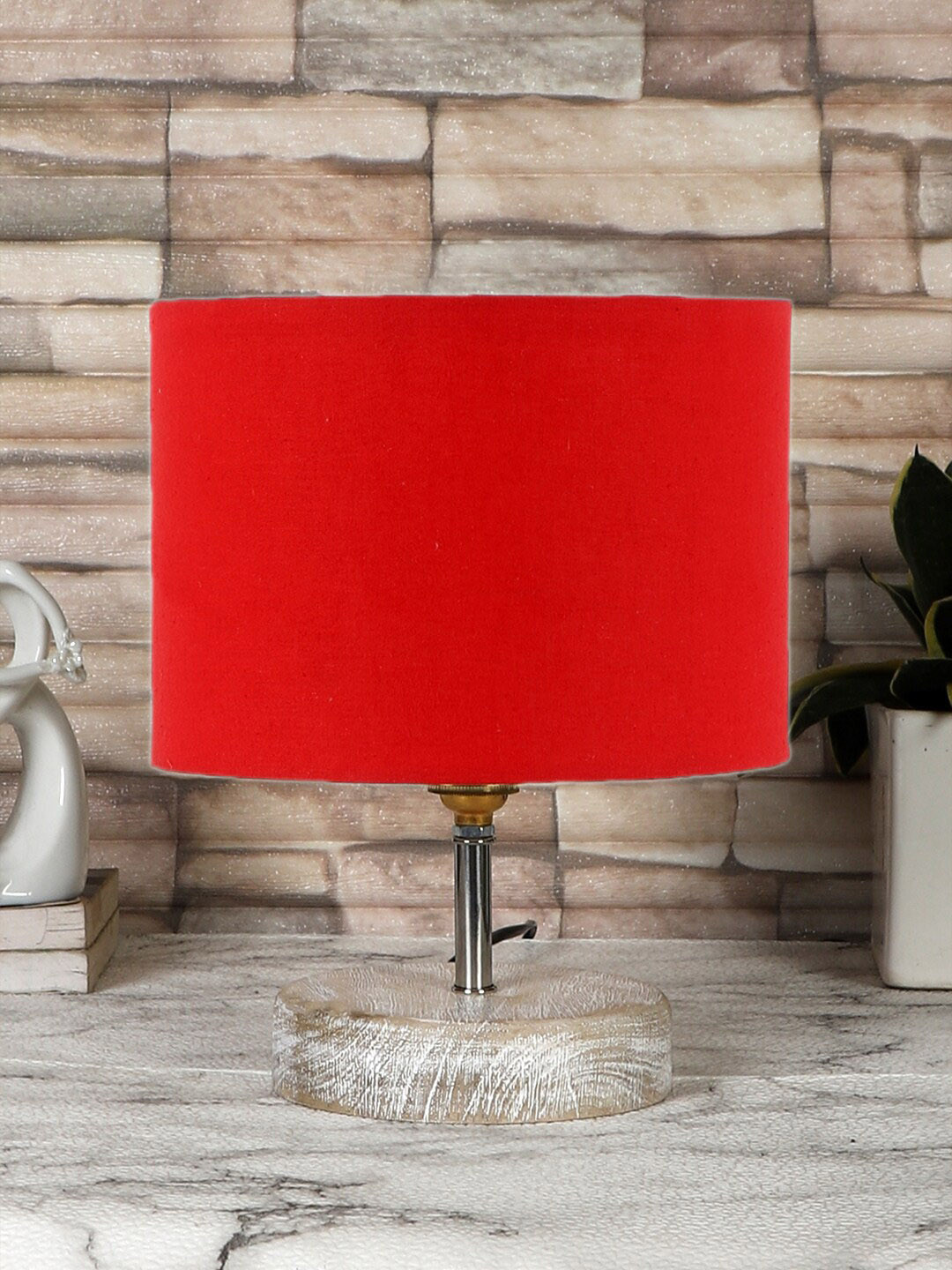 

Devansh Red & White Cotton Table Lamp with Wooden Base