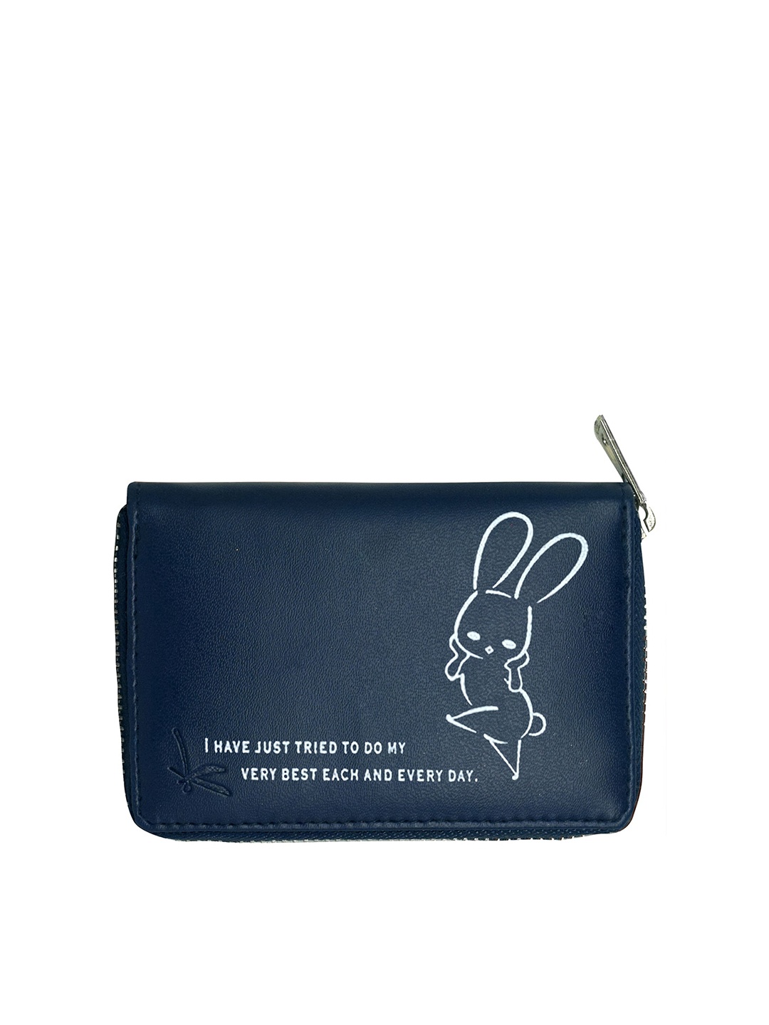 

GREEN DRAGONFLY Navy Blue & White Typography Printed Zip Detail PU Zip Around Wallet