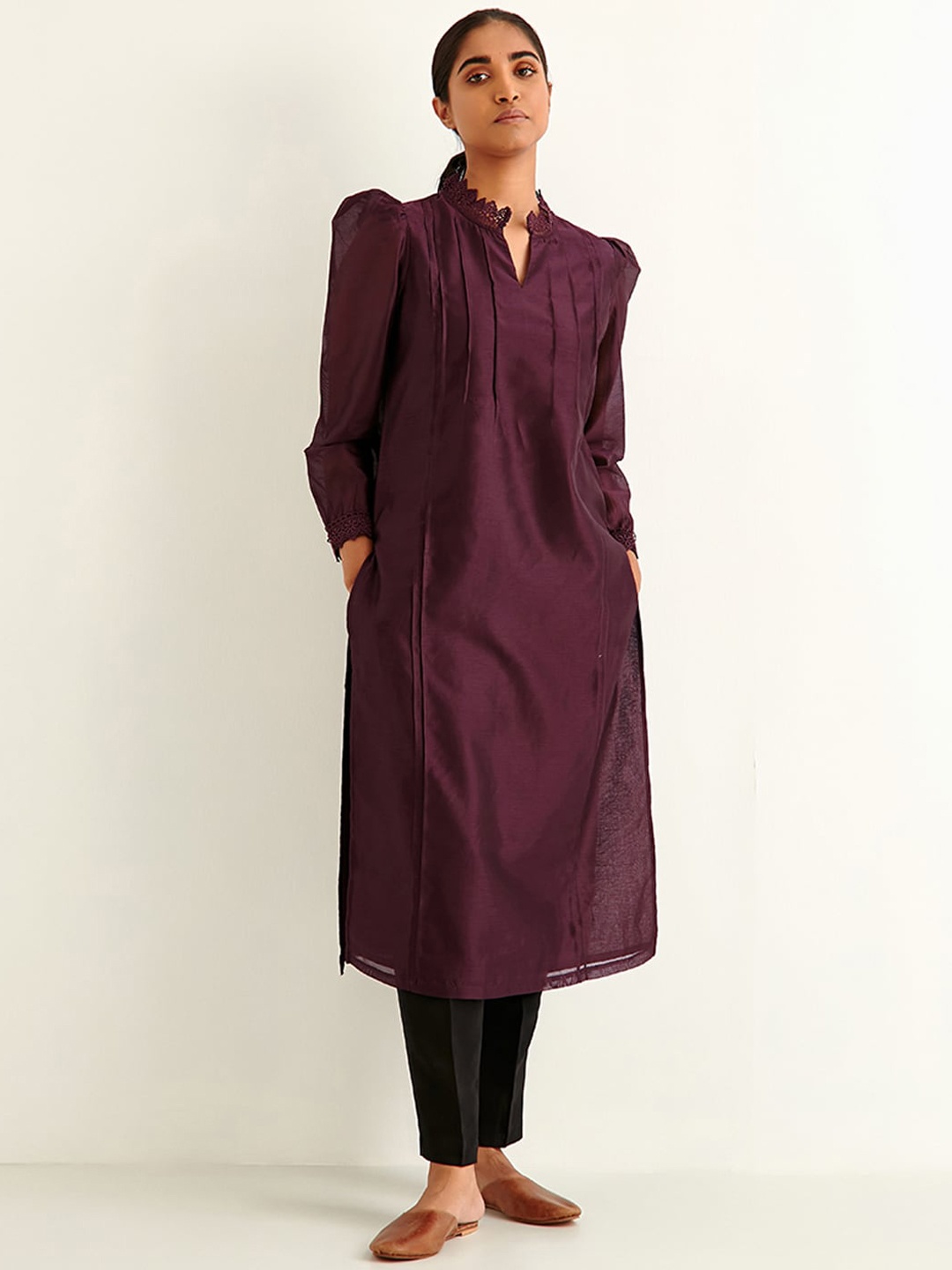 

Ancestry Maroon Thread Work Chanderi Silk Kurta