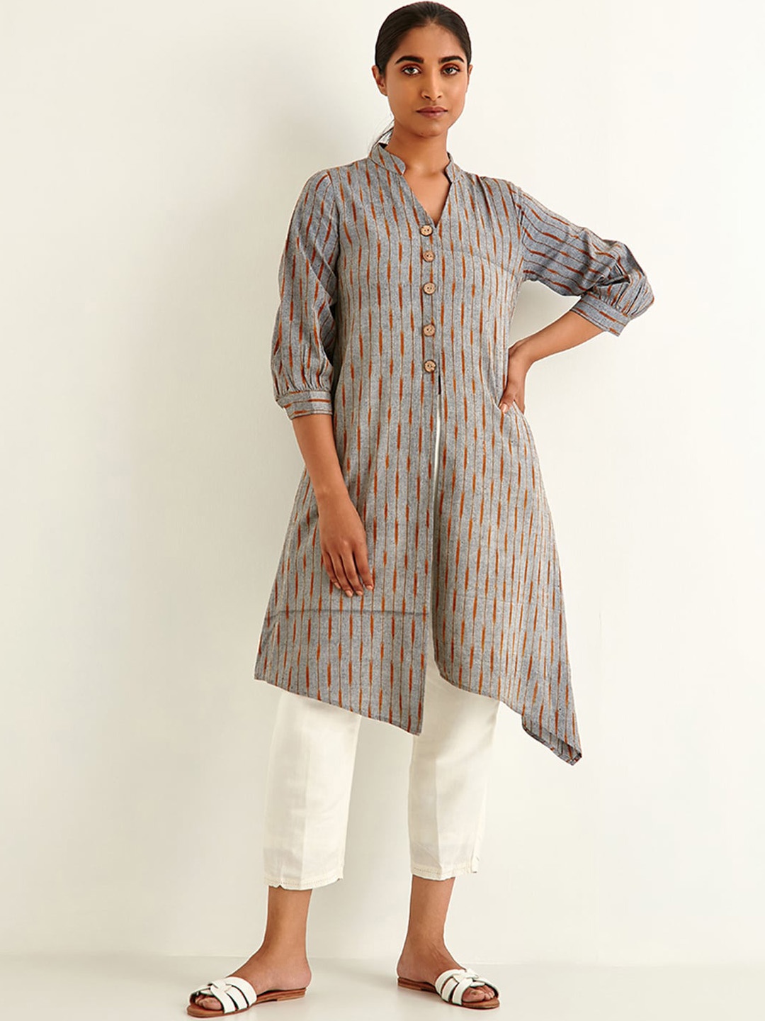 

Ancestry Striped High Slit Cotton Kurta, Grey