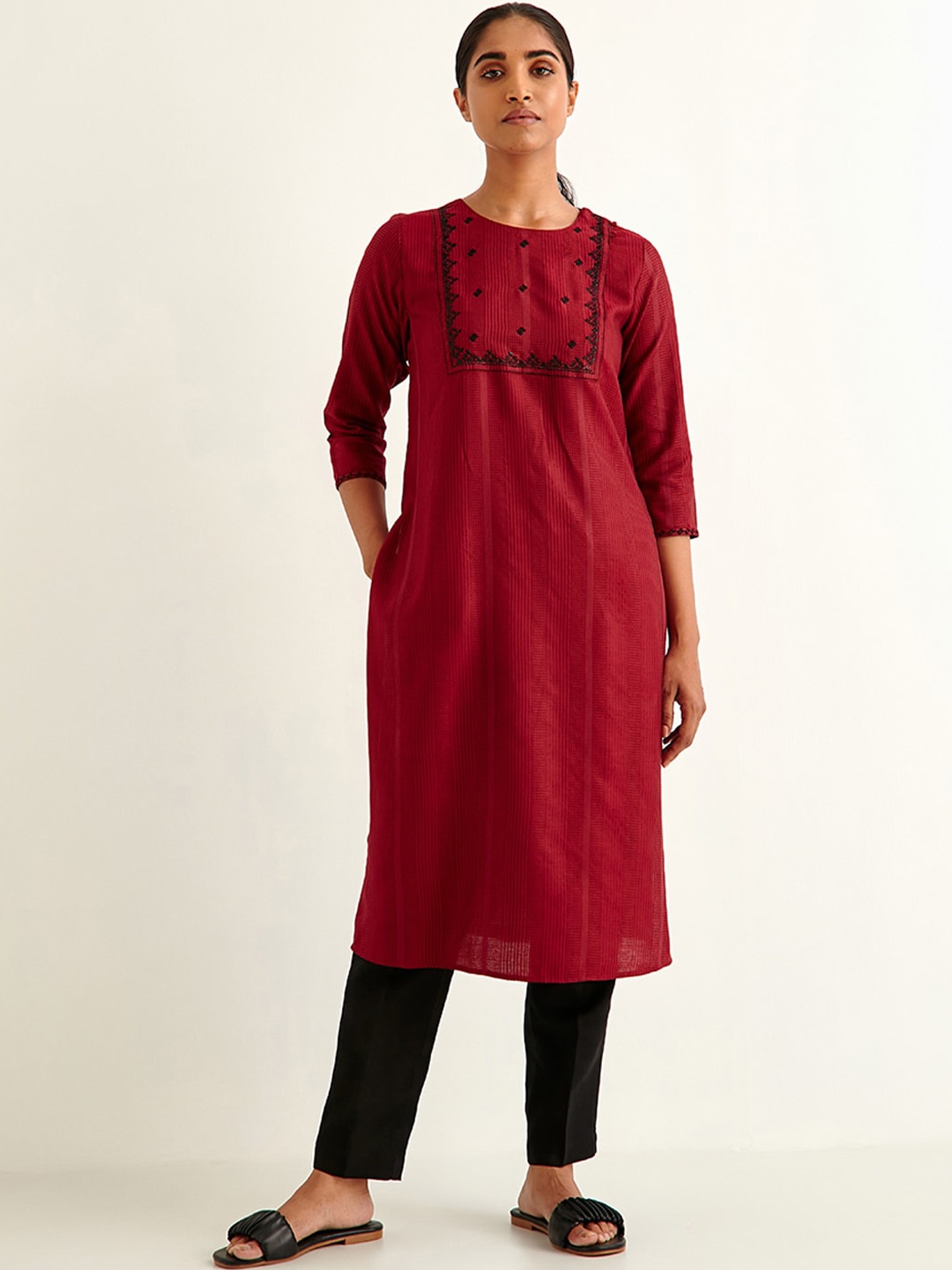 

Ancestry Maroon Yoke Design Thread Work Kurta