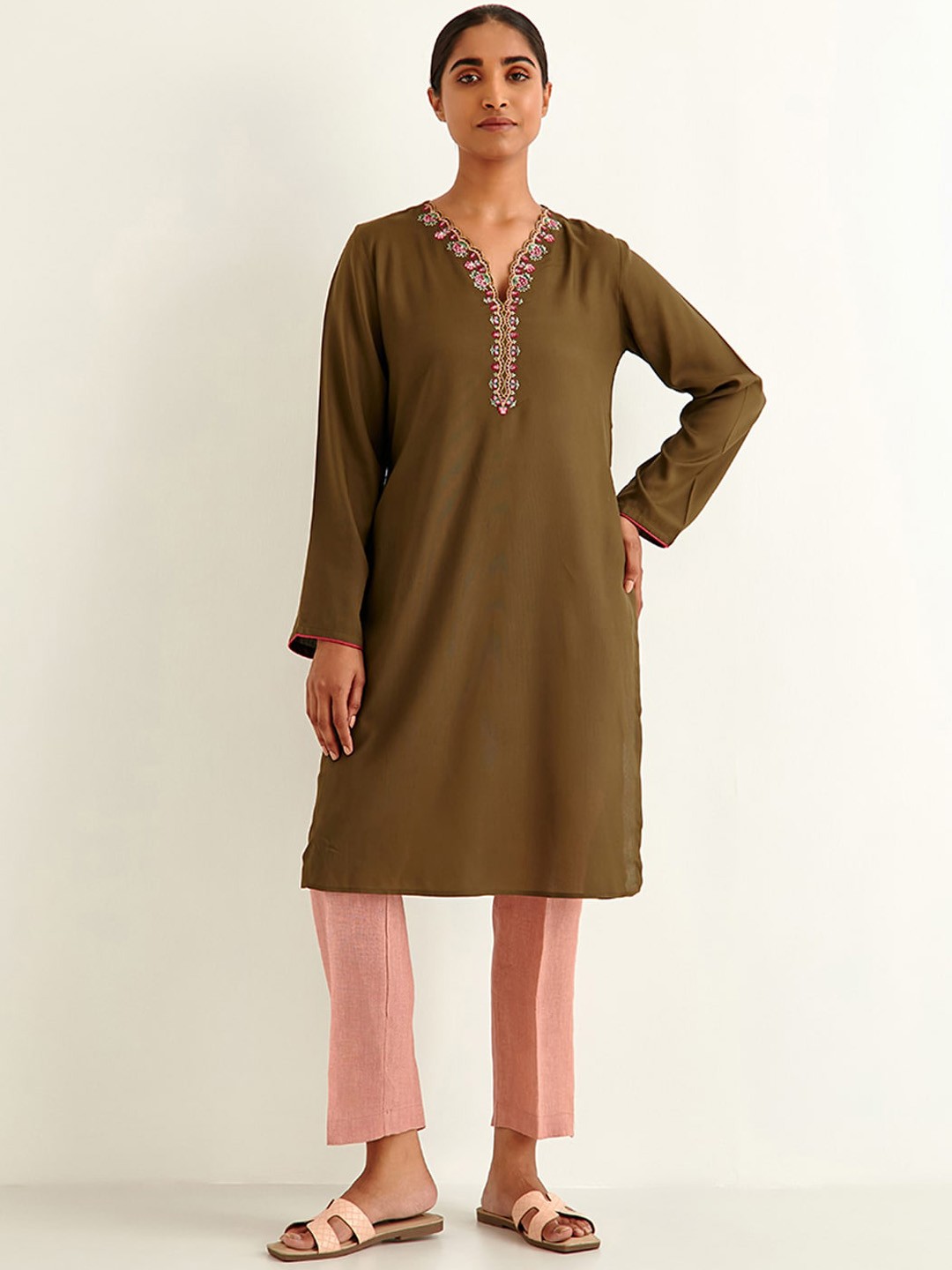 

Ancestry Olive Green Embroidered Kurta