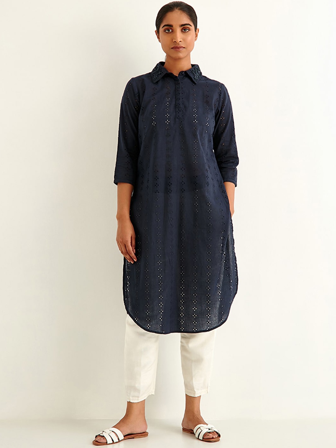 

Ancestry Navy Blue Embellished Pathani Cotton Kurta