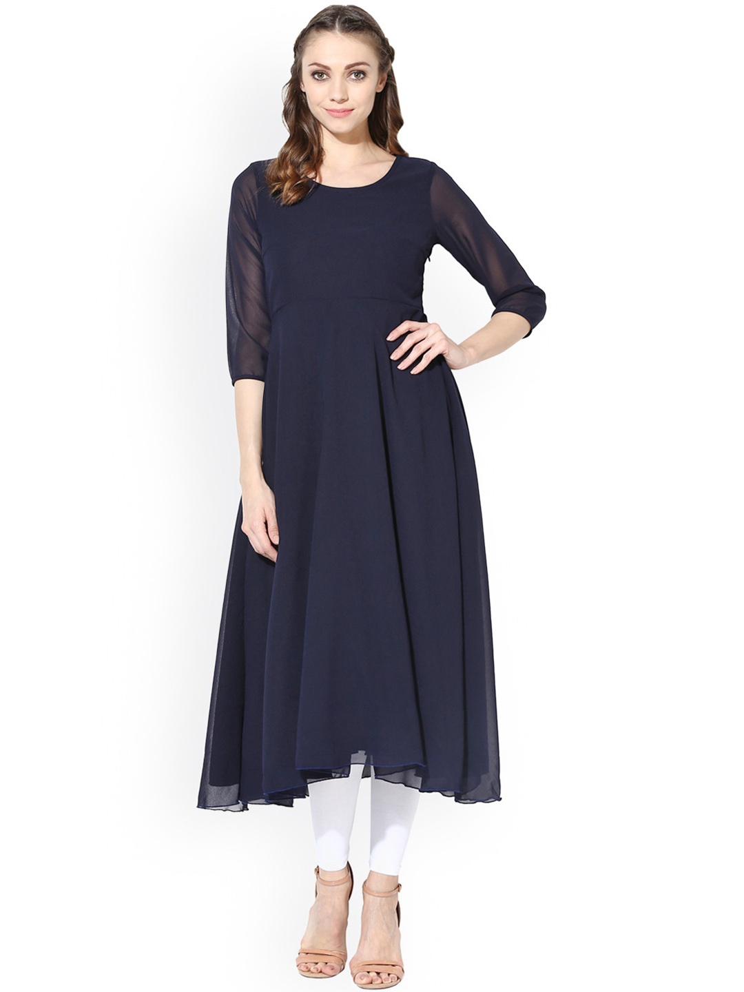 

AKS Women Navy Georgette A-Line Kurta, Navy blue