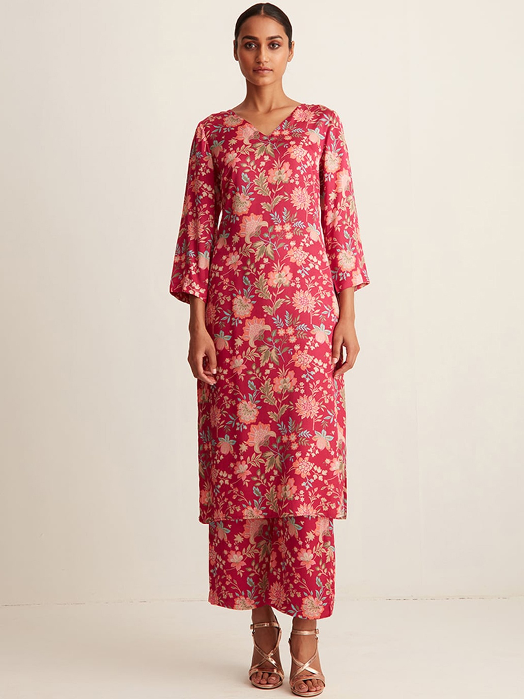 

Ancestry Pink Floral Printed Satin Kurta