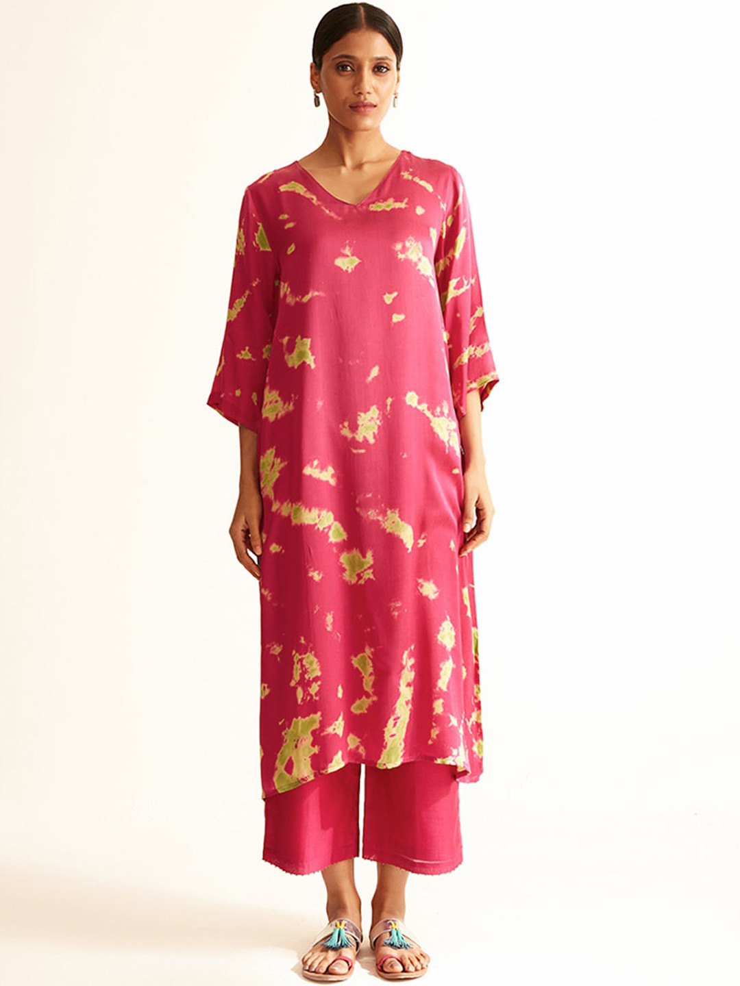 

Ancestry Tie & Dye V-Neck Regular Straight Kurta, Pink