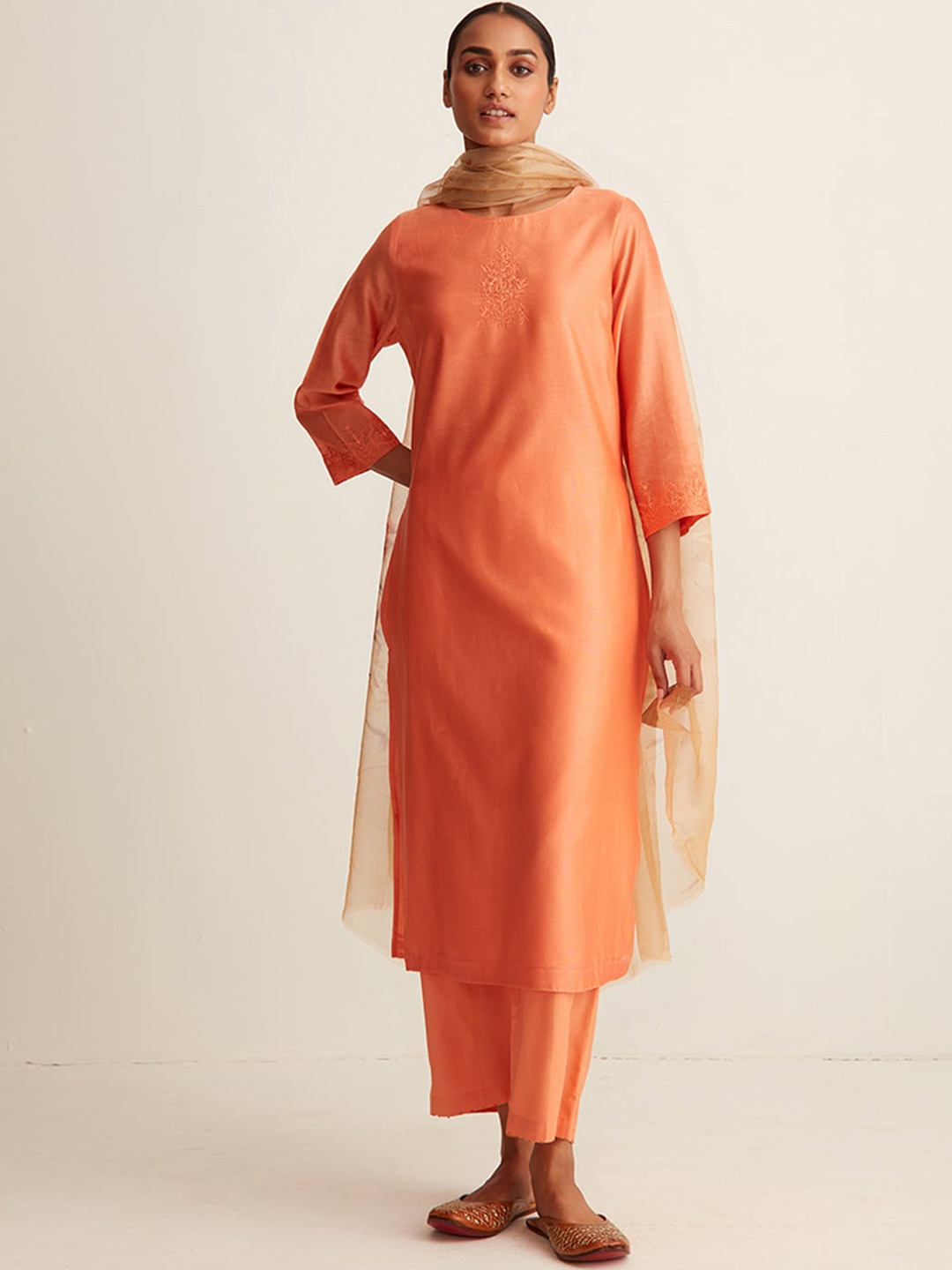 

Ancestry Orange Embroidered Chanderi Silk Kurta