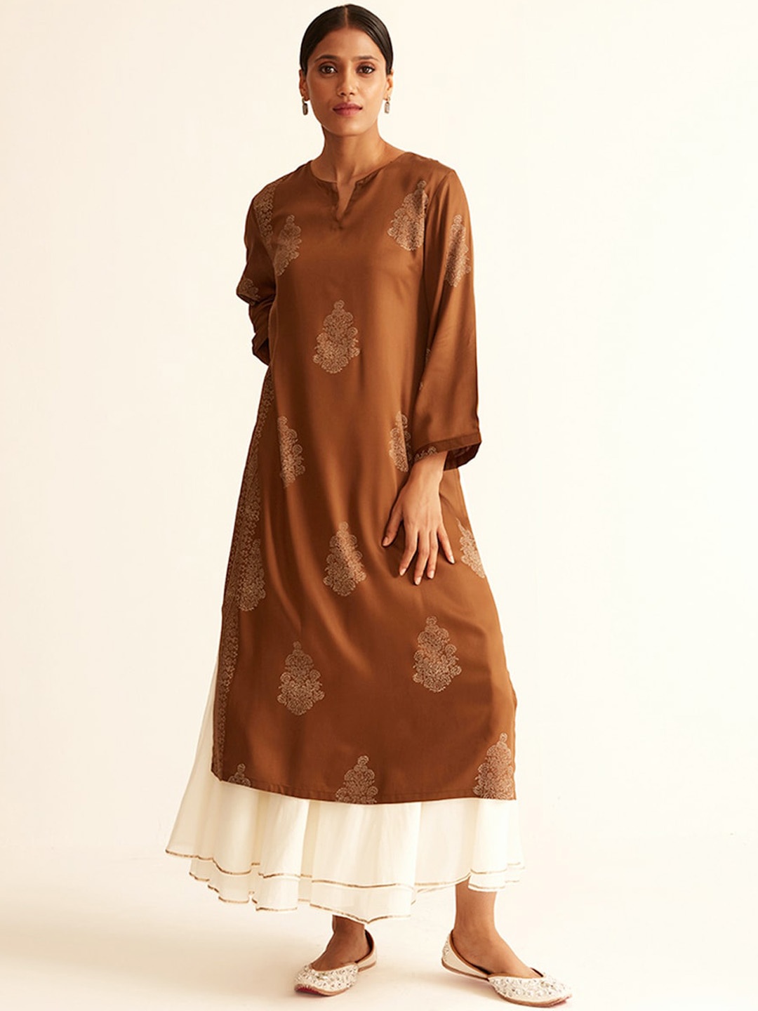 

Ancestry Brown Ethnic Motifs Printed Flared Sleeves Indie Prints Cotton Kurta