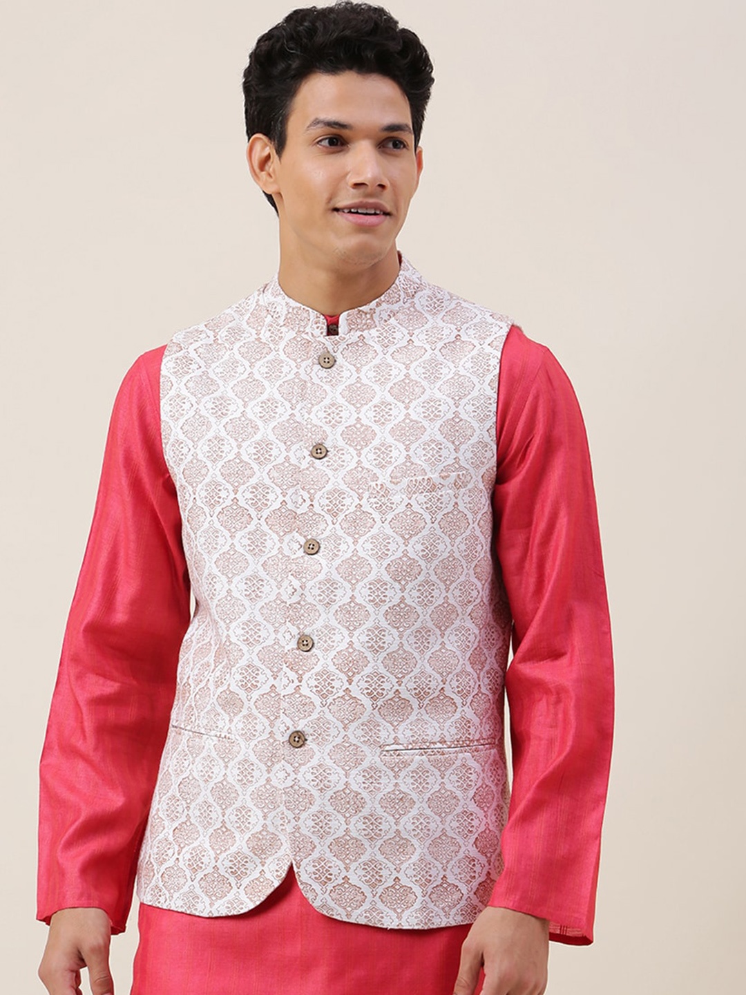 

Fabindia Men White Printed Woven Nehru Jacket