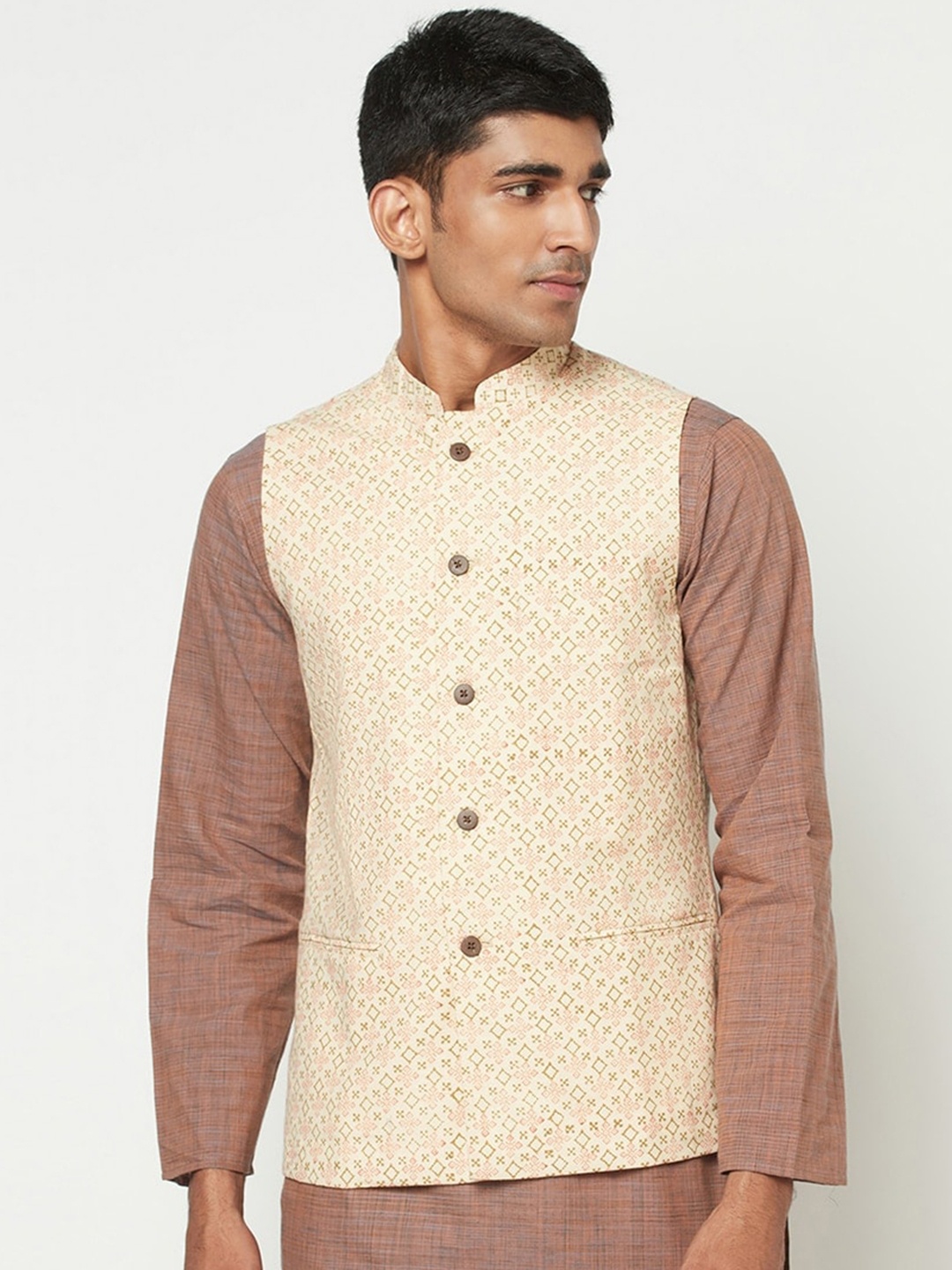 

Fabindia Men Beige Printed Pure Cotton Nehru Jacket