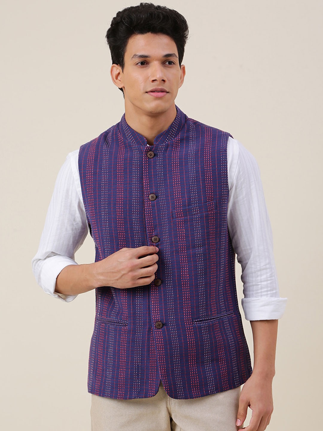 

Fabindia Men Blue Striped Cotton Nehru Jackets