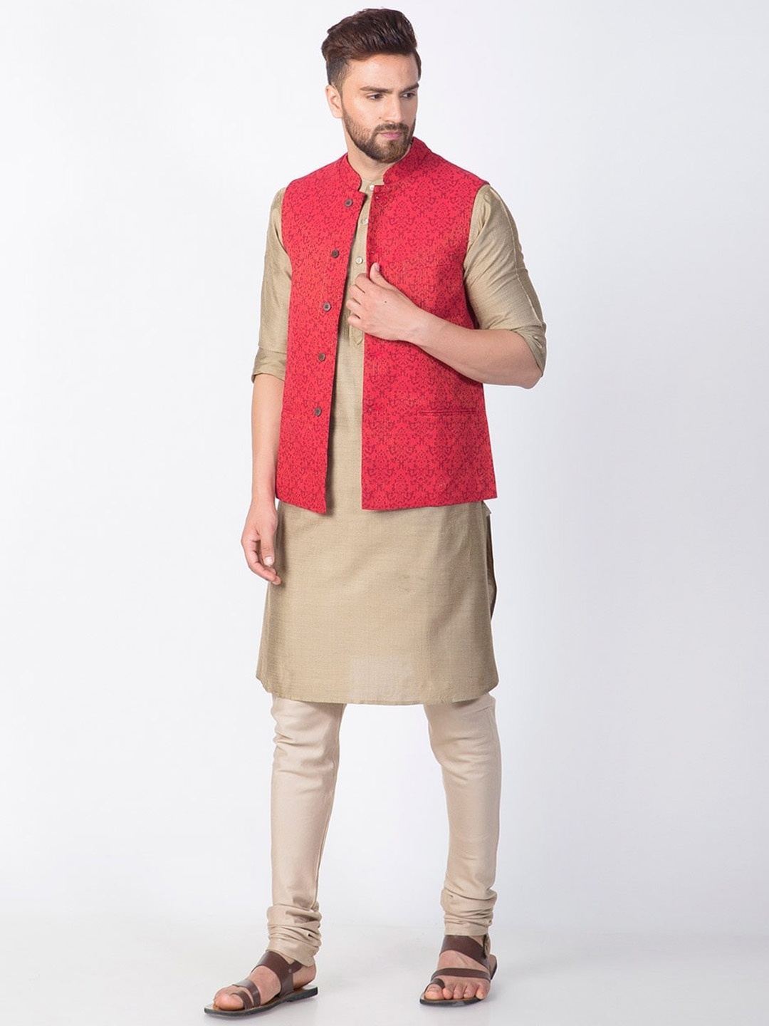 

Fabindia Men Red Printed Cotton Nehru Jackets