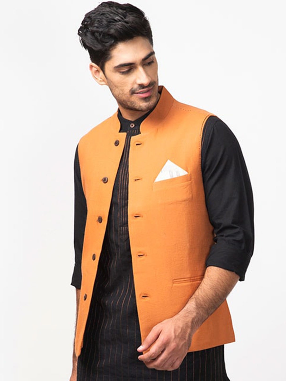 

Fabindia Men Orange Pure Cotton Nehru Jacket