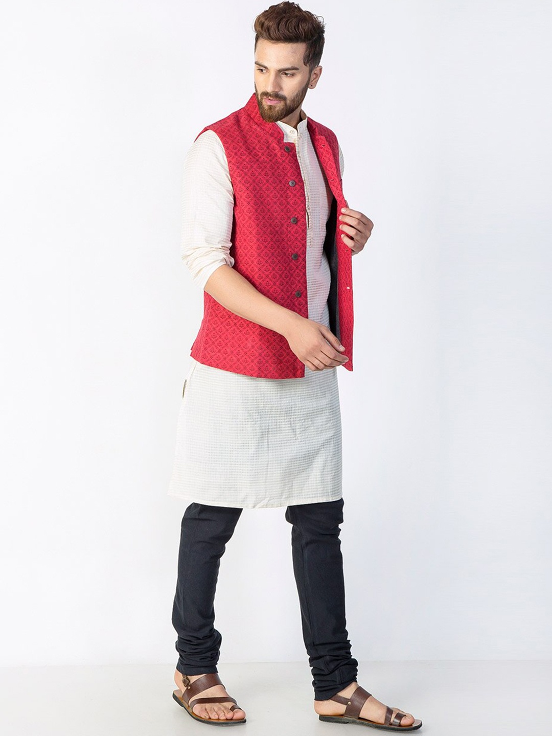 

Fabindia Men Red Printed Cotton Nehru Jacket