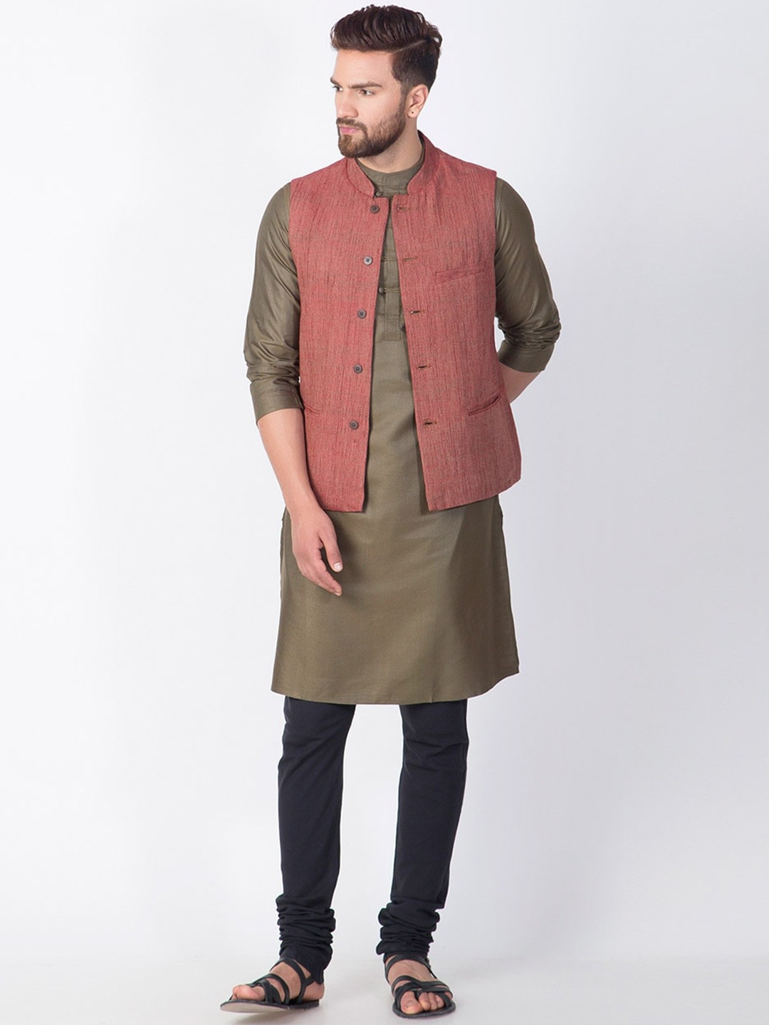 

Fabindia Men Red Woven Nehru Jacket