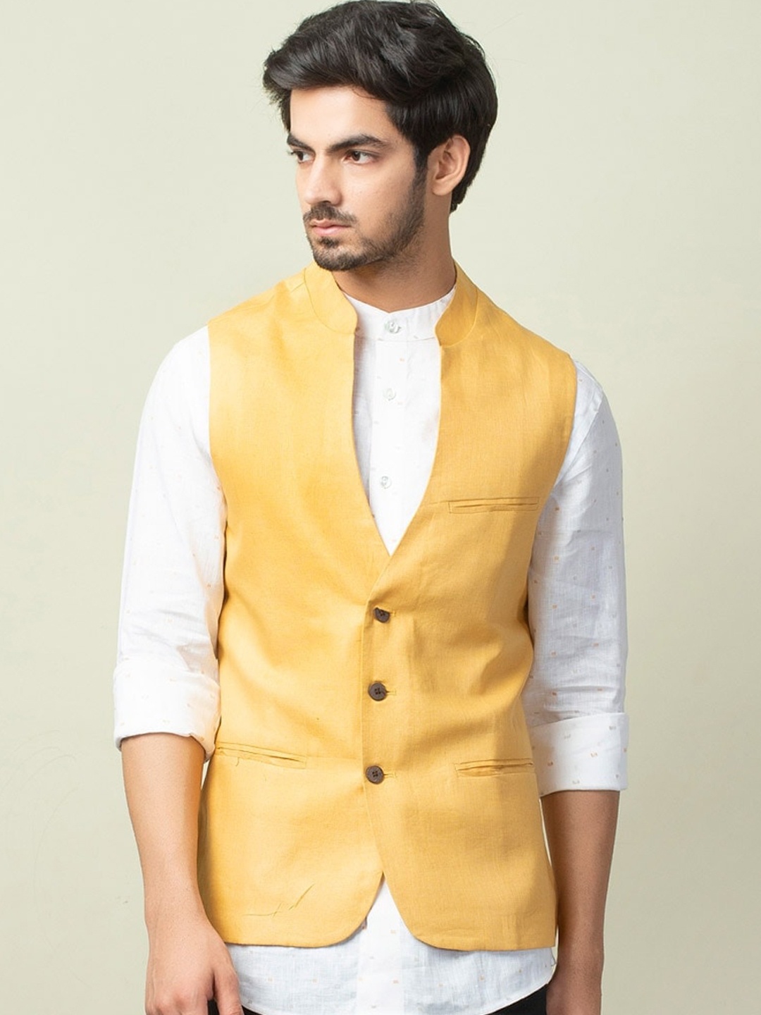 

Fabindia Men Mustard Linen Nehru Jackets