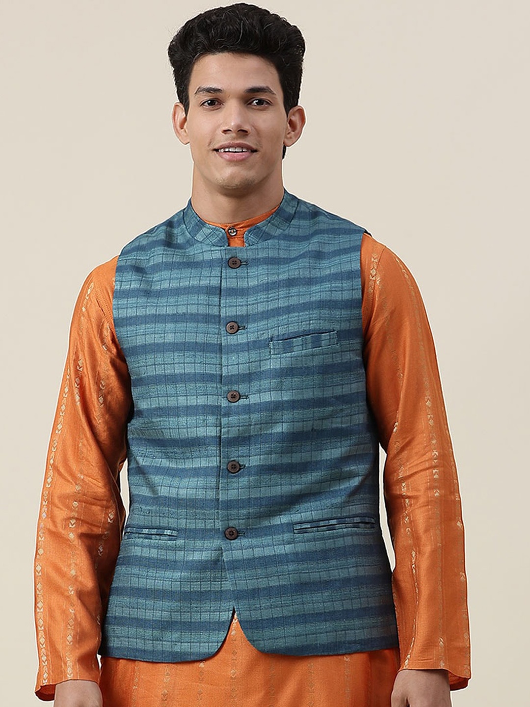 

Fabindia Green & Blue Striped Silk Nehru Jacket